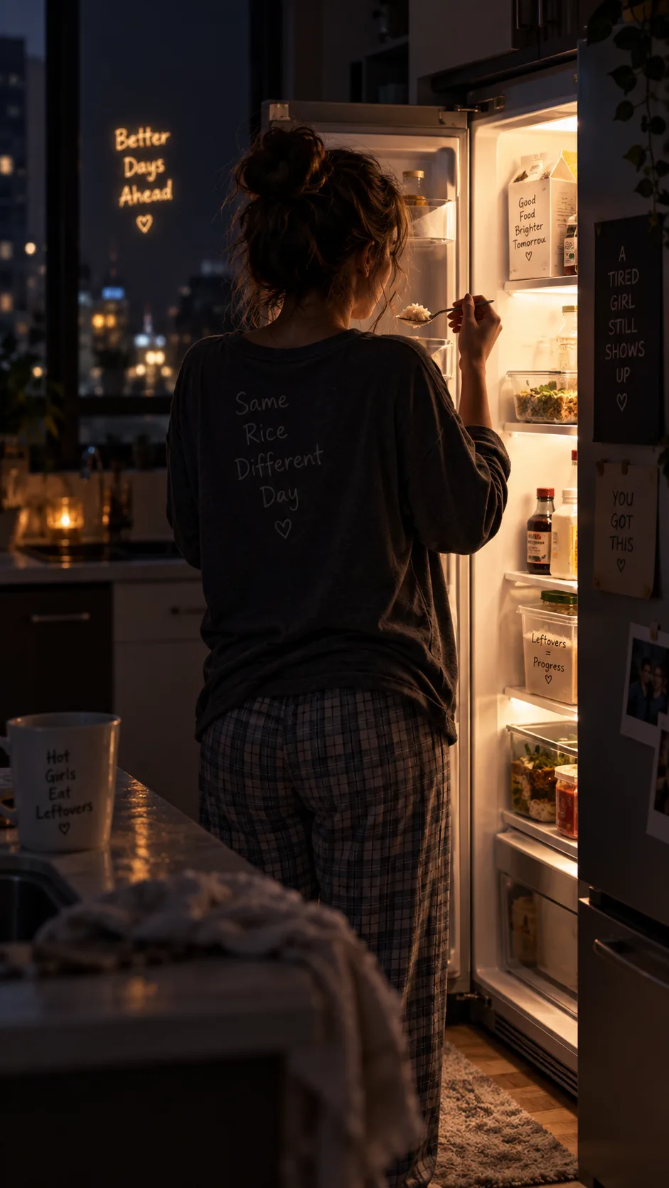The Cortisol Detox Diet Plan That Finally Helped Me Stop Stress Eating 1 Moody late-night kitchen scene, refrigerator door open casting warm light on a tired person in pyjamas holding a spoon and a container of leftover rice, shot from behind, cinematic low light, shallow depth of field