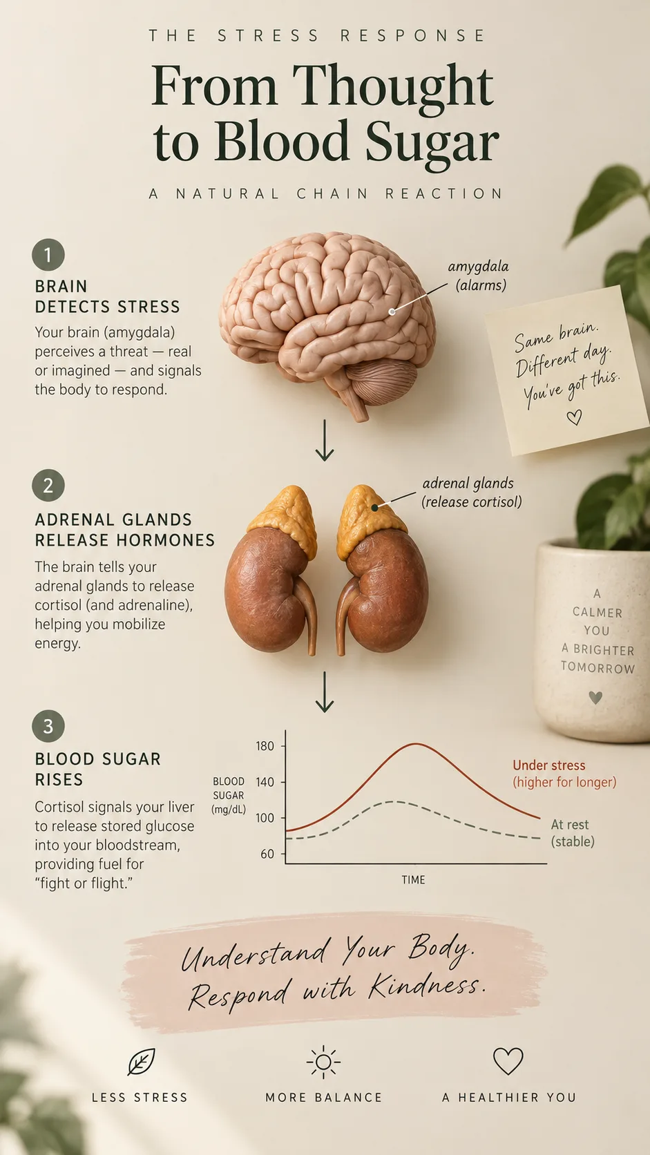 The Cortisol Detox Diet Plan That Finally Helped Me Stop Stress Eating 2 Clean editorial infographic-style photograph showing a simple flow diagram of the stress response — brain, adrenal glands, blood sugar curve — minimalist design on warm beige background, soft studio lighting