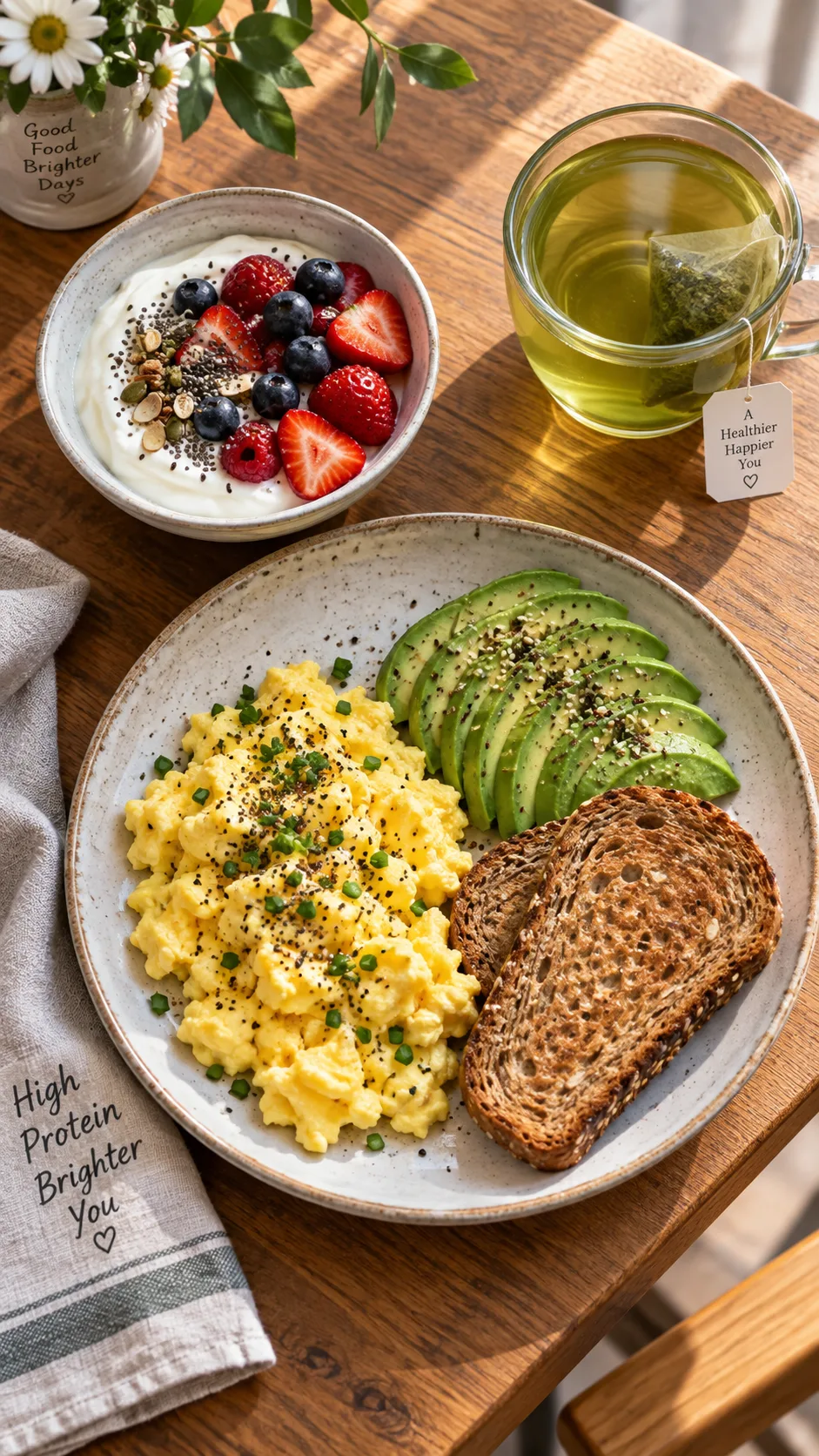 The Cortisol Detox Diet Plan That Finally Helped Me Stop Stress Eating 3 Overhead flat lay of a balanced high-protein breakfast — scrambled eggs, avocado slices, whole grain toast, Greek yoghurt with berries, green tea in a glass cup — natural morning window light, wooden table, food photography