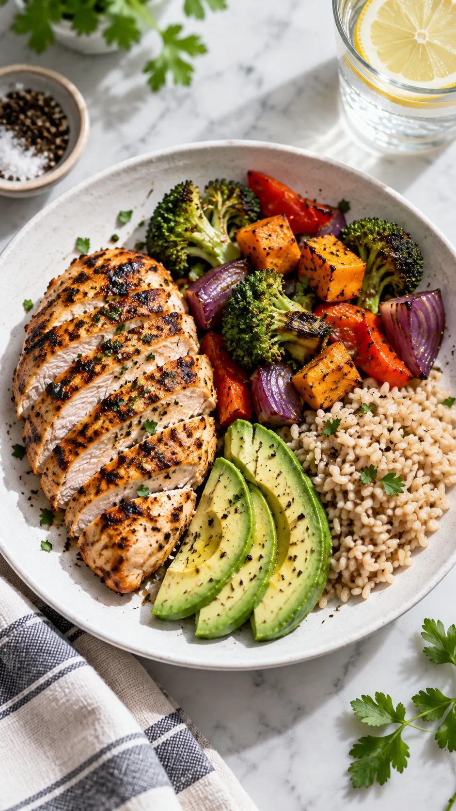 The GLP-1 Meal Plan That Finally Makes Weight Loss Feel Effortless 1 Overhead flat lay of a balanced high-protein meal on a white plate — grilled chicken breast, roasted vegetables, avocado slices and a small portion of brown rice, natural window light, food photography, shallow depth of field