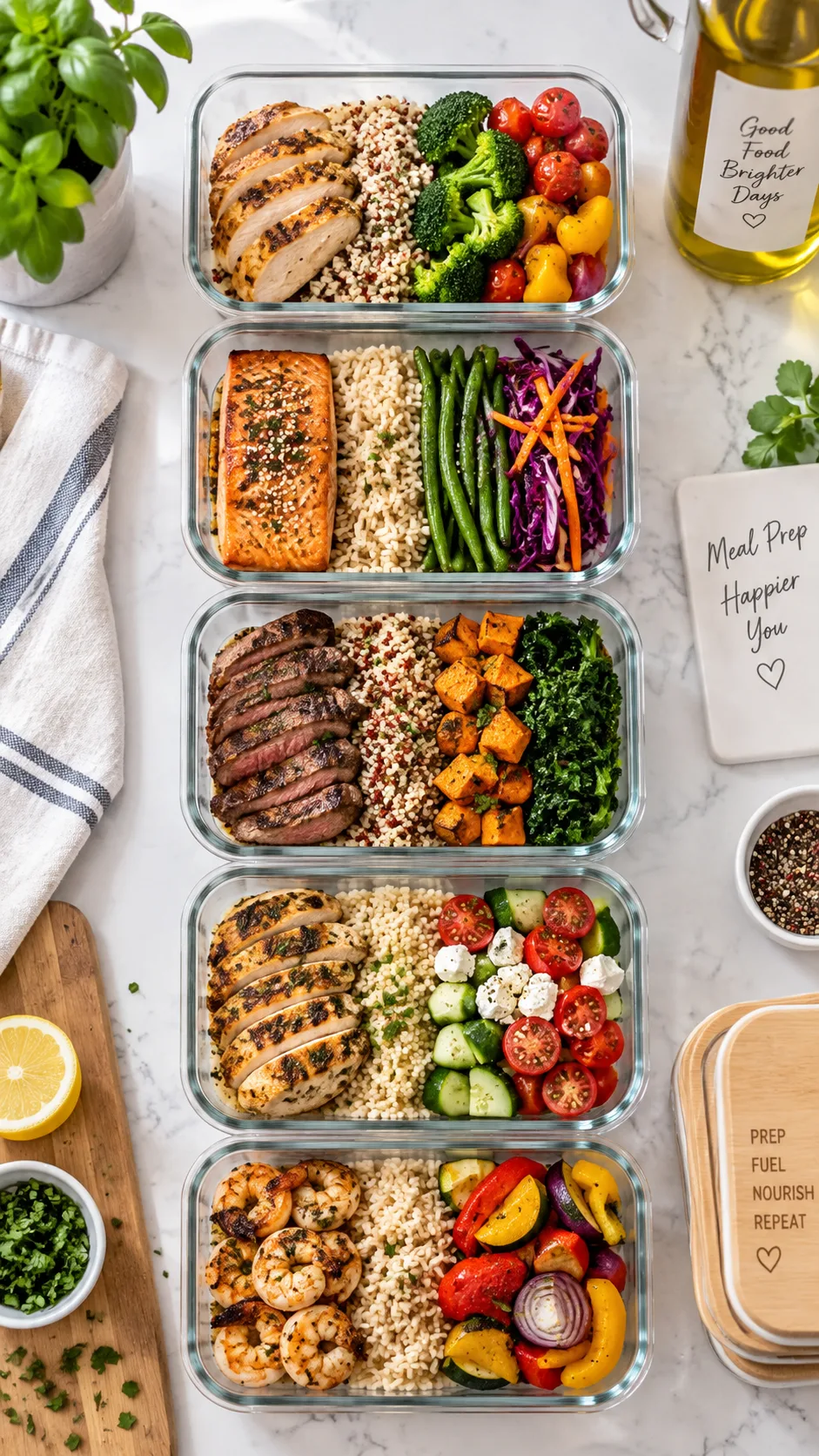 The Cortisol Detox Diet Plan That Finally Helped Me Stop Stress Eating 4 Weekly meal prep containers arranged in a row on a kitchen counter, each with grilled protein, colourful vegetables and grains, glass containers, bright natural lighting, organised and appetising, top-down angle