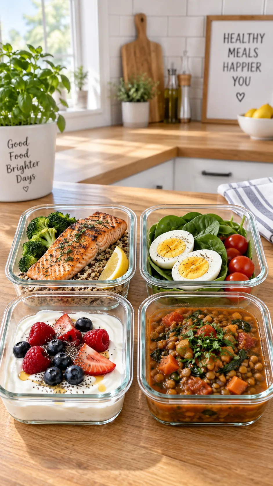 The GLP-1 Meal Plan That Finally Makes Weight Loss Feel Effortless 2 Four small glass meal prep containers on a wooden kitchen counter showing portioned grilled salmon, boiled eggs with spinach, Greek yogurt with berries, and lentil stew, bright airy kitchen background
