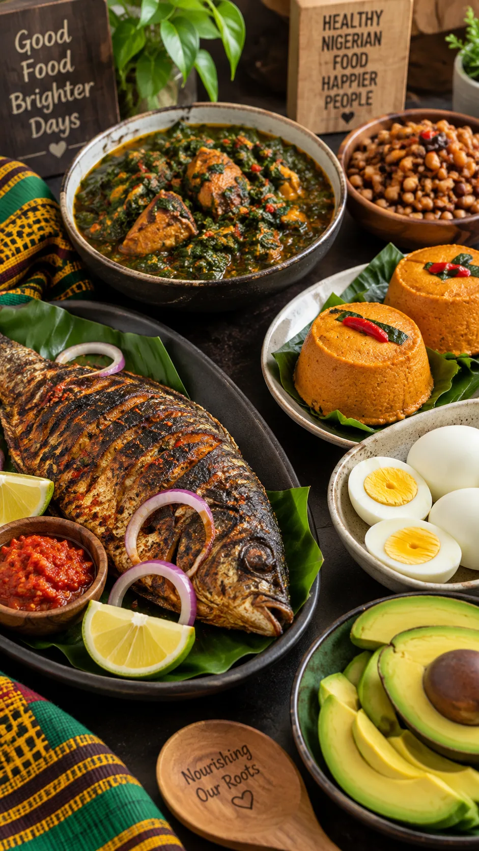 The GLP-1 Meal Plan That Finally Makes Weight Loss Feel Effortless 3 Colorful Nigerian-inspired healthy meal spread on a dark table: grilled fish, vegetable soup with ugu leaves, moi moi, boiled eggs, avocado and a bowl of beans, warm natural lighting, authentic home cooking style