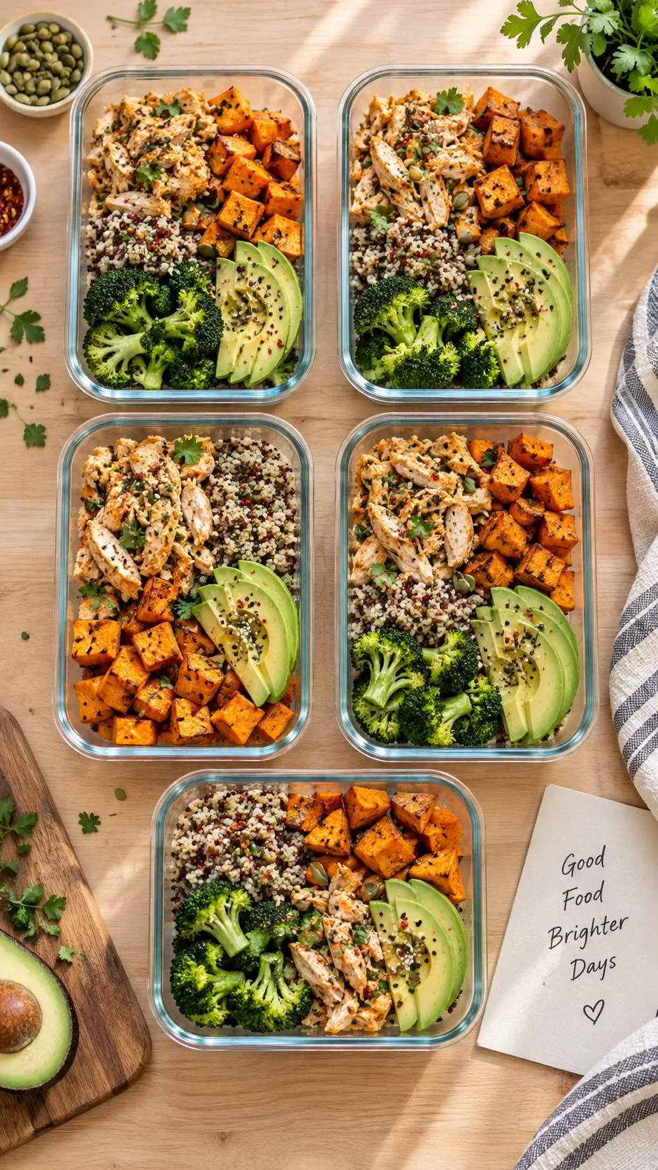 Overhead shot of five glass meal prep containers on a light wooden counter filled with colorful balanced meals — shredded chicken, roasted sweet potato, quinoa, broccoli, avocado — natural window light, crisp food photography