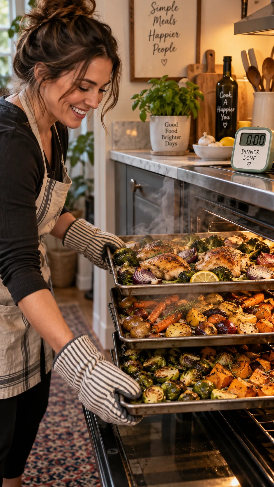 A person in a home kitchen with three sheet pans of roasted vegetables and chicken thighs coming out of the oven, steam rising, timer on the counter, warm cozy lighting, candid documentary style