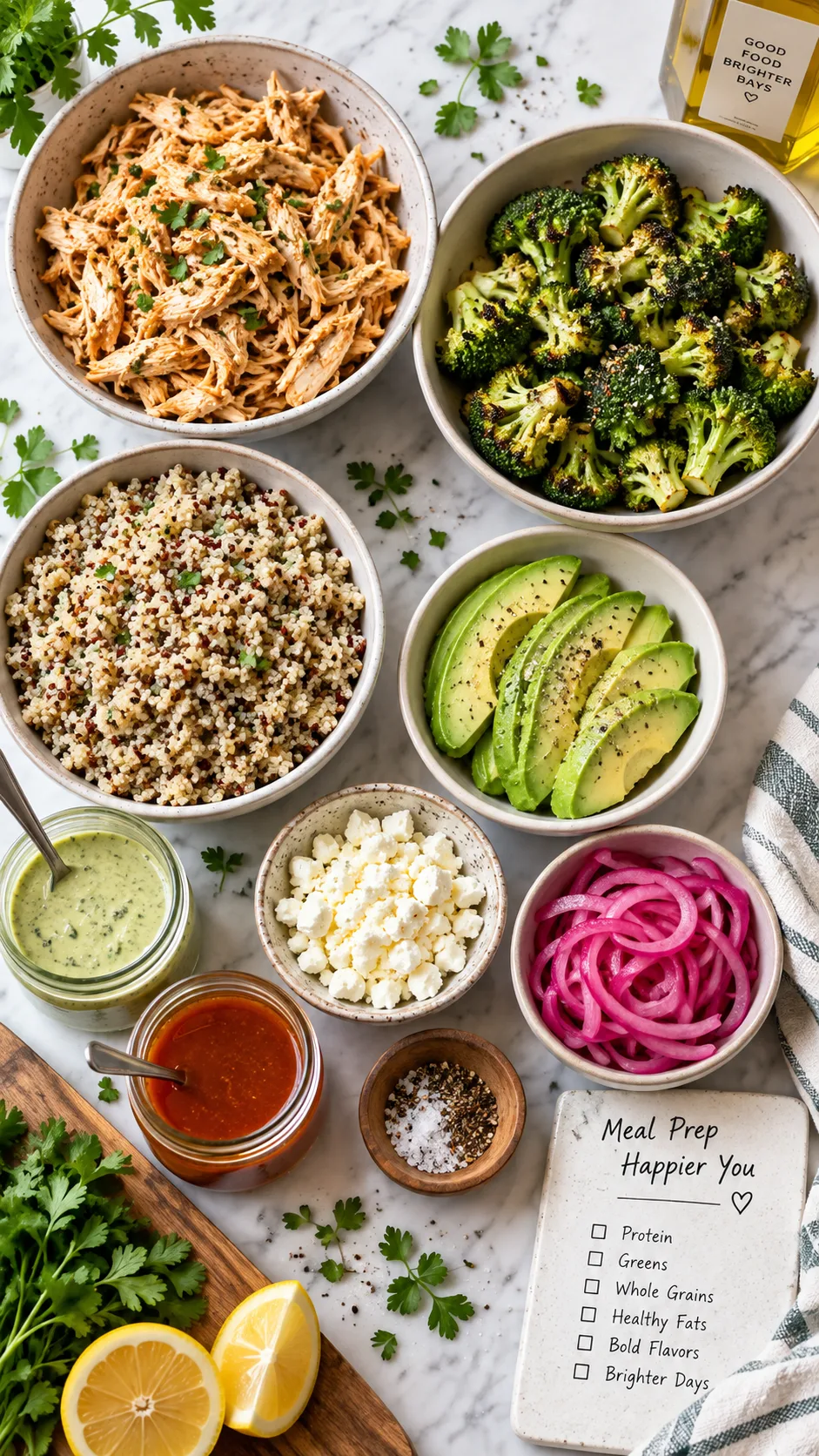 Flat lay of meal prep ingredient components arranged in separate bowls — shredded chicken, roasted broccoli, quinoa, sliced avocado, feta, pickled red onions, small jars of sauce — bright modern kitchen, top-down shot