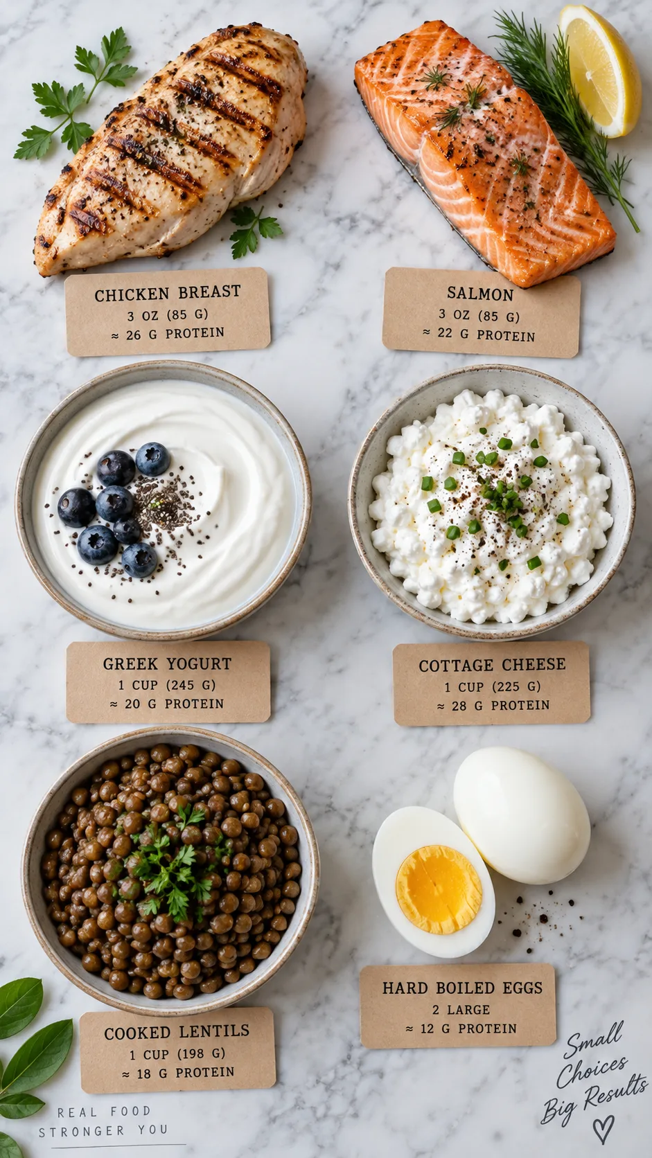 Side by side comparison of protein portions on a marble surface — grilled chicken breast, salmon fillet, Greek yogurt bowl, cottage cheese, cooked lentils, hard boiled eggs — each labeled with small kraft paper tags, clean editorial food photography