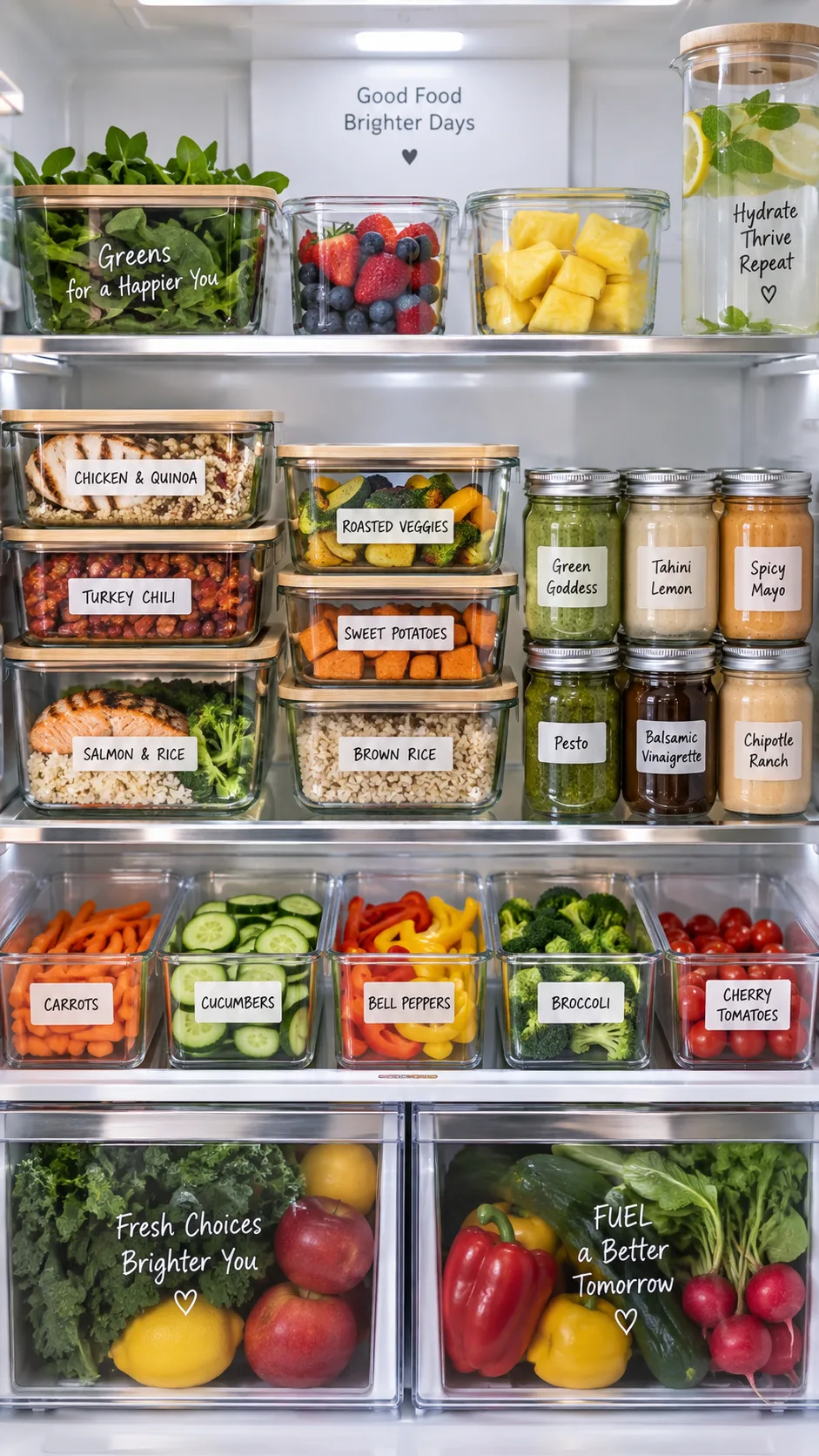 A well-organized refrigerator interior with neatly stacked glass meal prep containers, labeled jars of sauces, and a shelf of prepped vegetables, bright interior fridge light, clean modern aesthetic