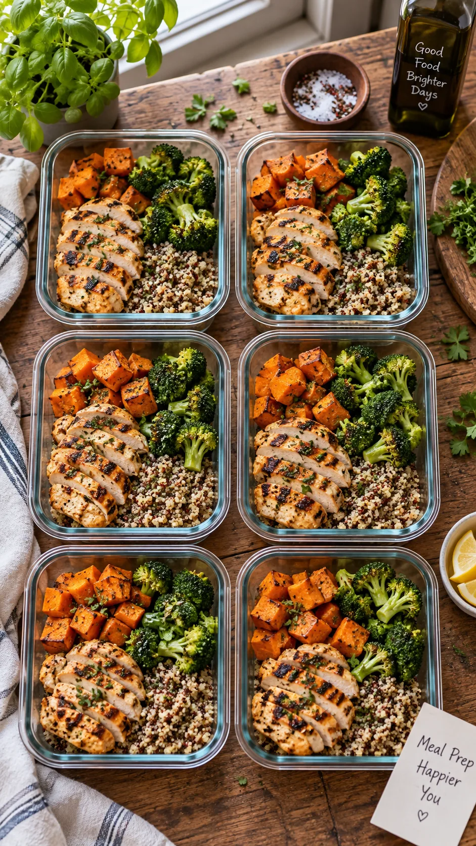 Overhead shot of a rustic wooden kitchen counter with six glass meal prep containers filled with colorful balanced meals — grilled chicken, roasted sweet potato, broccoli, quinoa — natural window light, warm and inviting, shallow depth of field