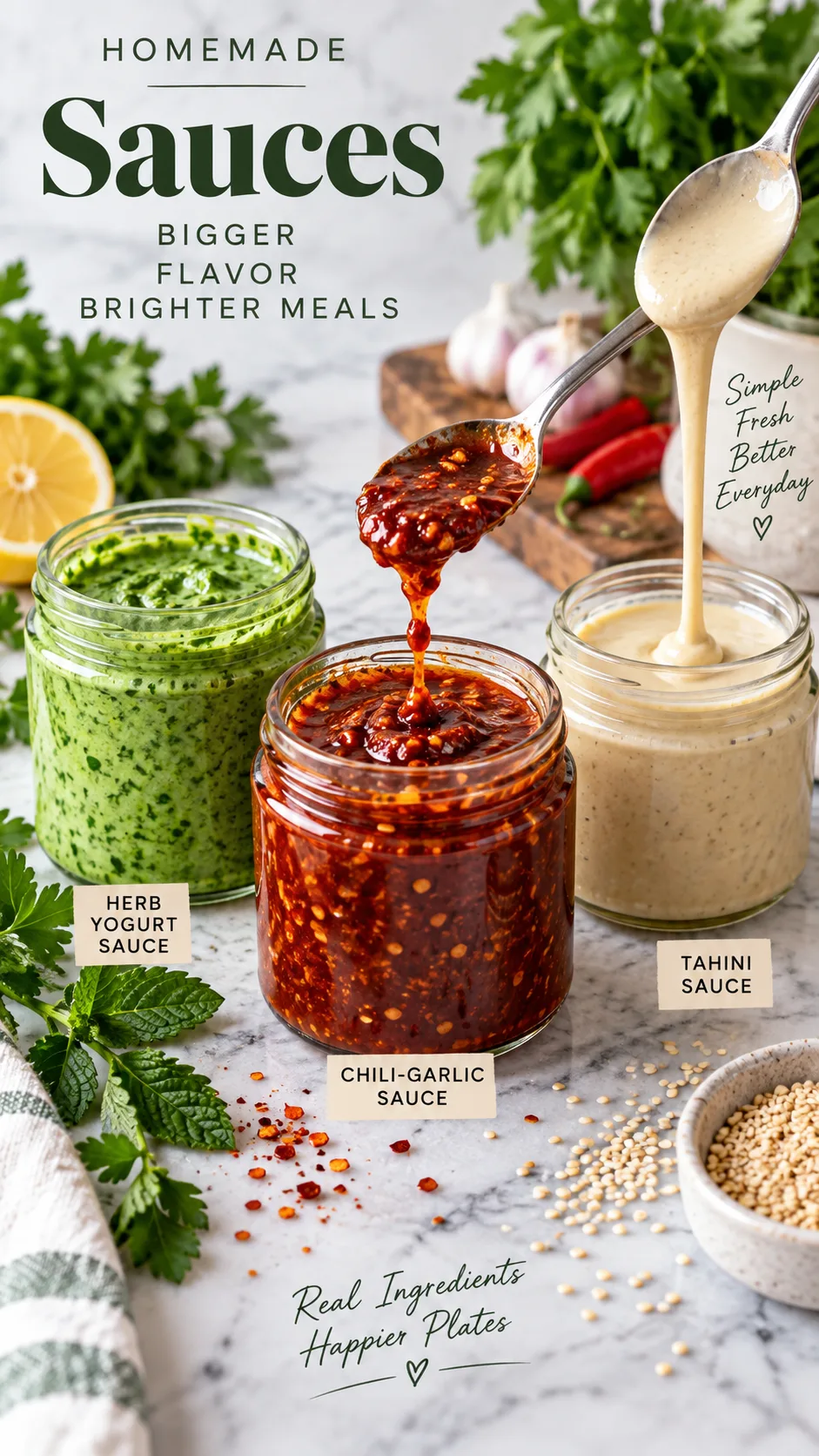 Three small glass jars of homemade sauces on a marble surface — bright green herb yogurt sauce, deep red chili-garlic sauce, creamy tahini sauce — with fresh herbs and a spoon drizzling, bright food photography style