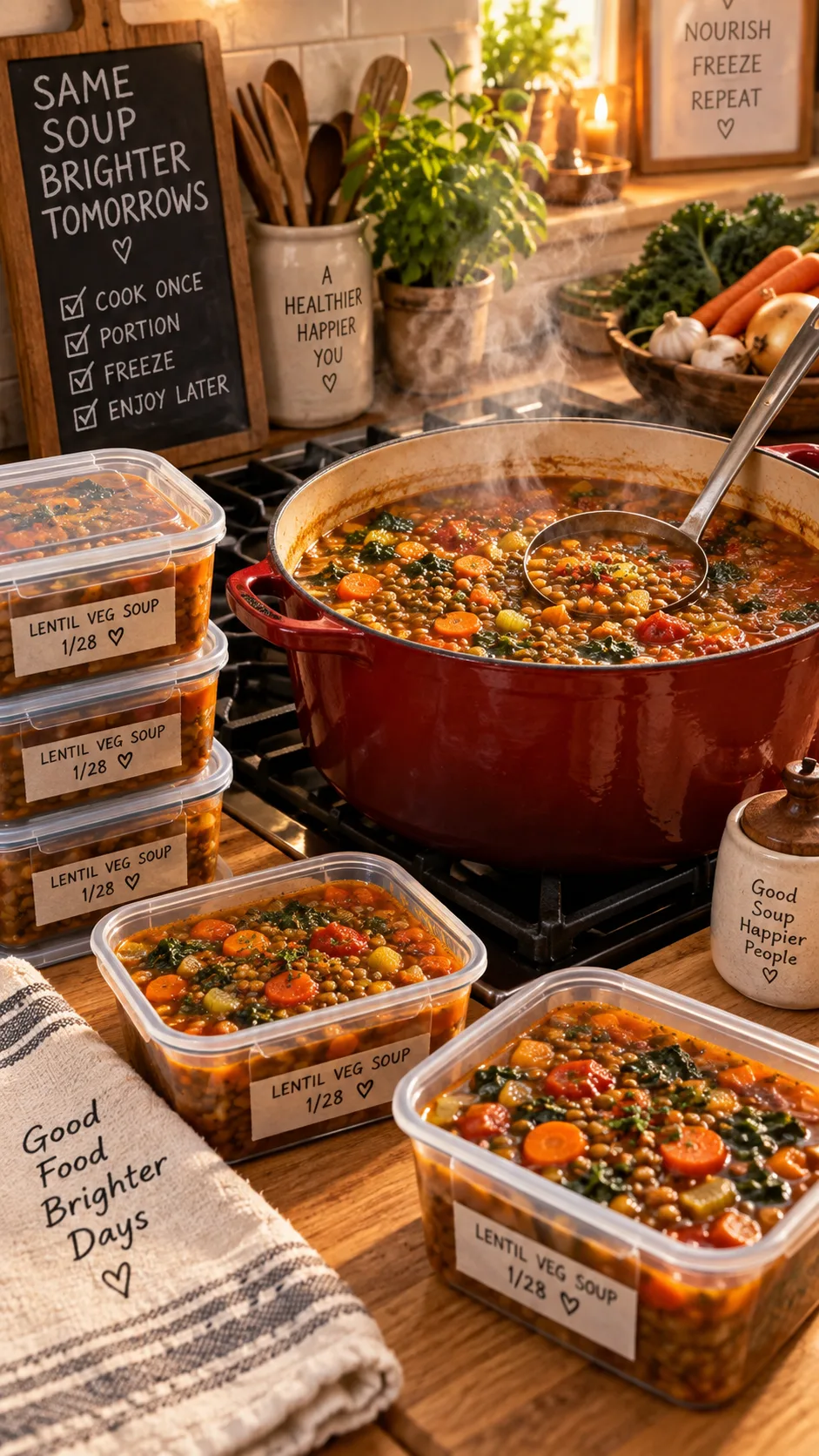 A large pot of hearty lentil vegetable soup on a stovetop with a ladle, surrounded by portioned containers ready for freezing, steam rising, cozy home kitchen setting, warm golden lighting