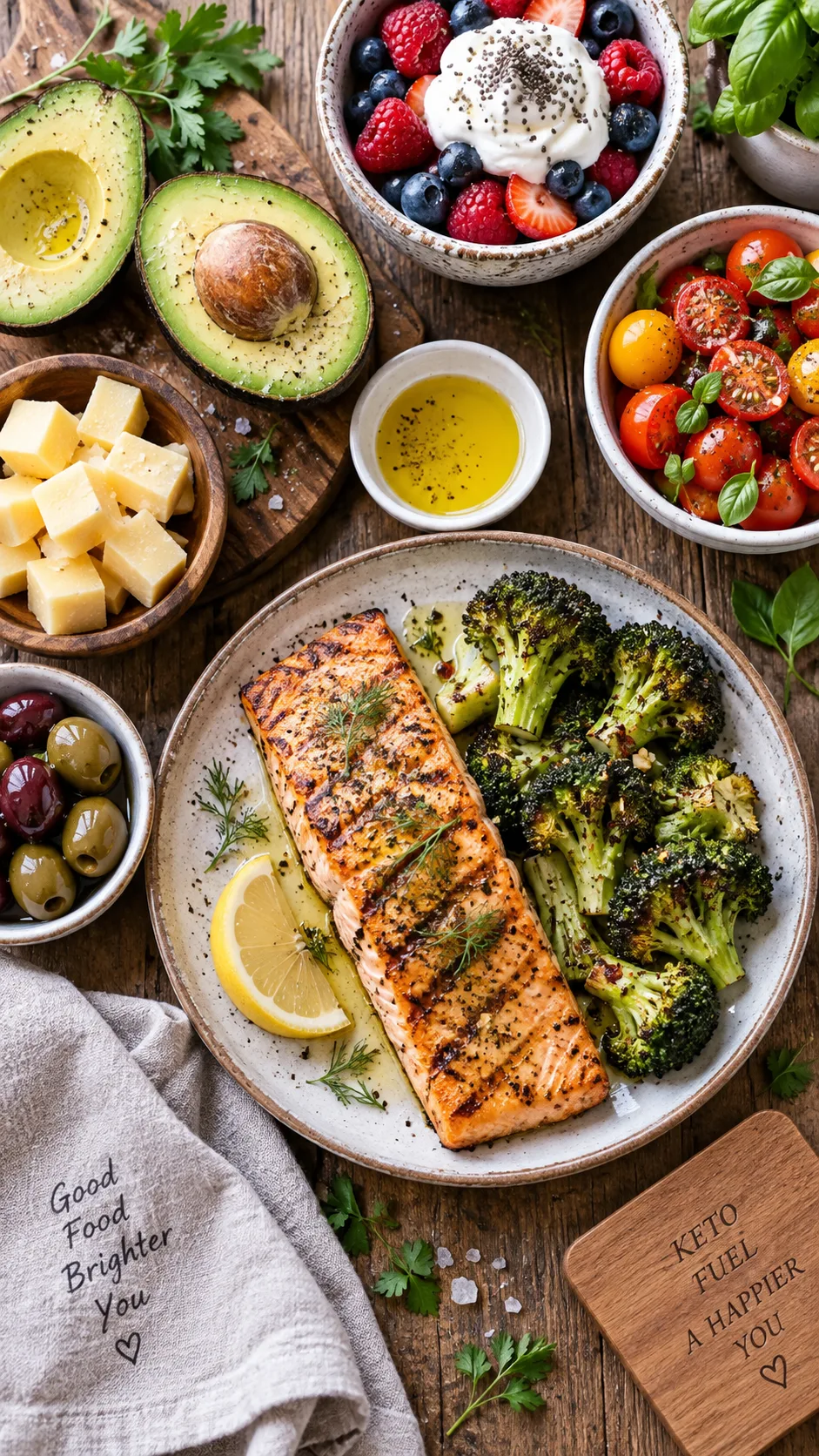 The Keto Diet Plan Beginners Actually Stick To (Without Feeling Deprived) 1 Overhead flat lay of a colourful keto meal spread on a rustic wooden table: grilled salmon, avocado halves, roasted broccoli with olive oil, cherry tomatoes, cheese cubes, olives, and a small bowl of berries with cream, bright natural window light, food photography style