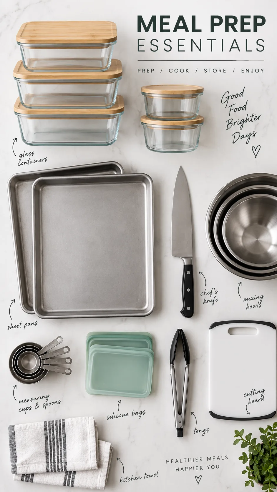 Clean flat lay of essential meal prep equipment on a light surface — stacked glass containers with bamboo lids, two sheet pans, a chef