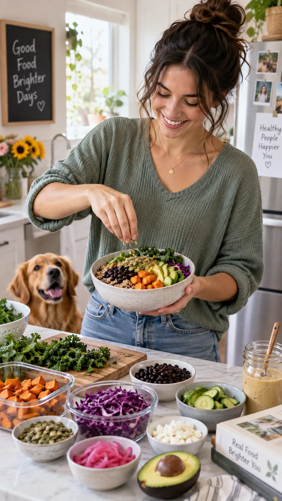 A person in casual clothes happily assembling a colorful grain bowl at a kitchen counter, with prepped ingredients in open containers around them, candid lifestyle photography, bright airy kitchen, genuine relaxed expression