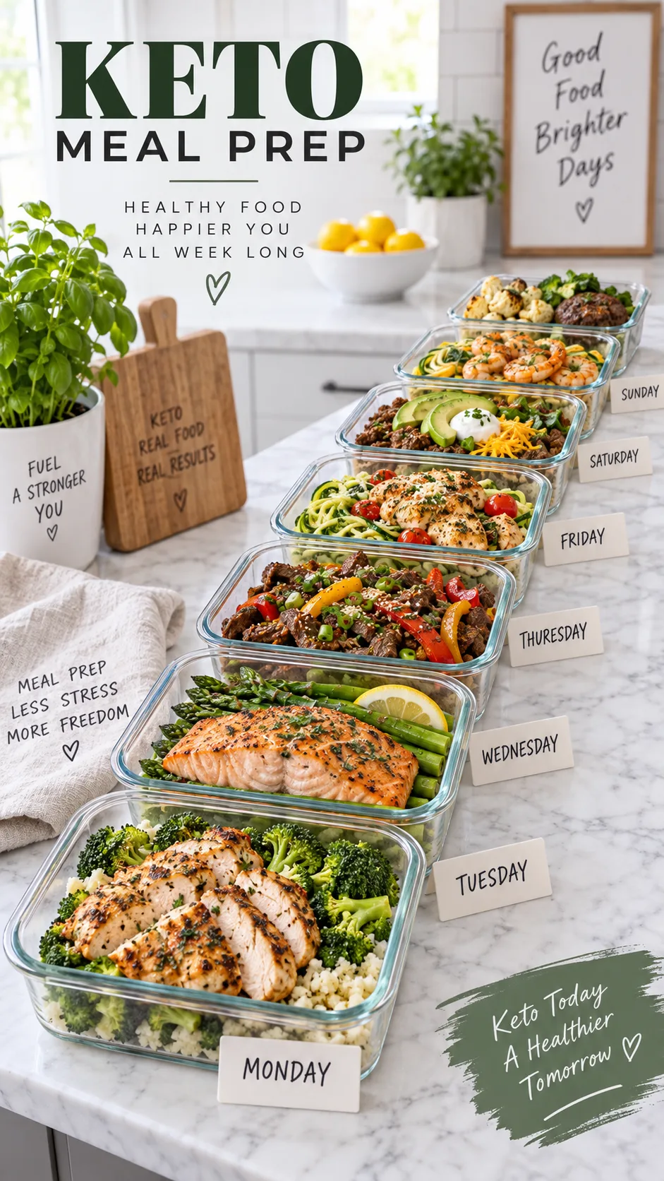The Keto Diet Plan Beginners Actually Stick To (Without Feeling Deprived) 3 Seven glass meal prep containers arranged in a row on a marble counter, each filled with different keto meals - grilled chicken with broccoli, salmon with asparagus, beef stir fry with peppers - labelled with days of the week, clean bright kitchen background
