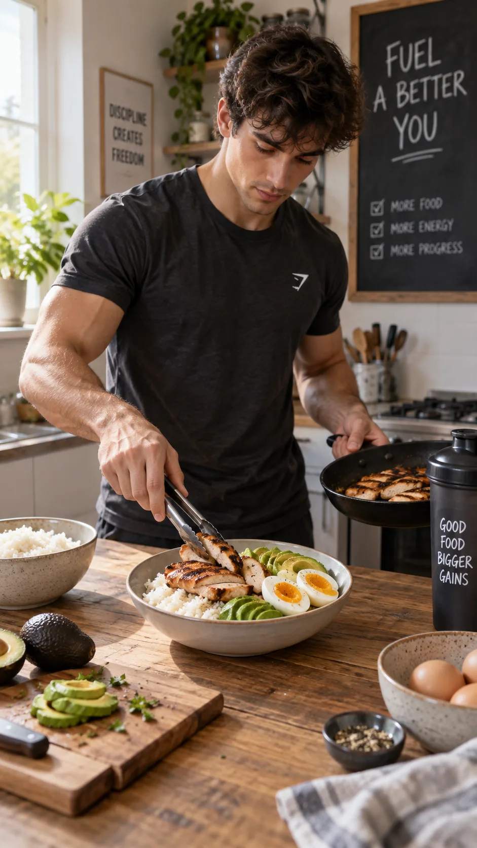 The Weight Gain Diet Plan That Actually Builds Muscle Without the Junk Food Trap 1 A lean young man in a home kitchen preparing a high-calorie meal of rice, grilled chicken, avocado and eggs on a wooden table, natural window light, warm tones, documentary photography style