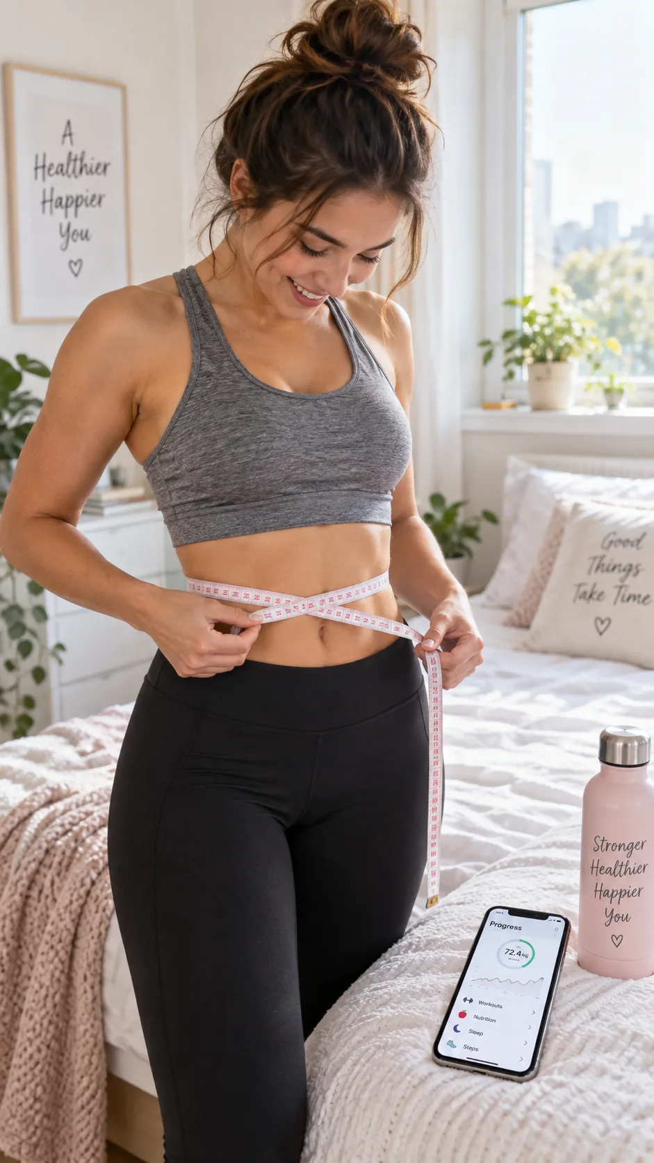 The Keto Diet Plan Beginners Actually Stick To (Without Feeling Deprived) 4 Person measuring their waist with a soft tape measure in a bright bedroom, wearing workout clothes, smartphone with fitness tracking app on the bed beside them, natural light, authentic candid lifestyle photography