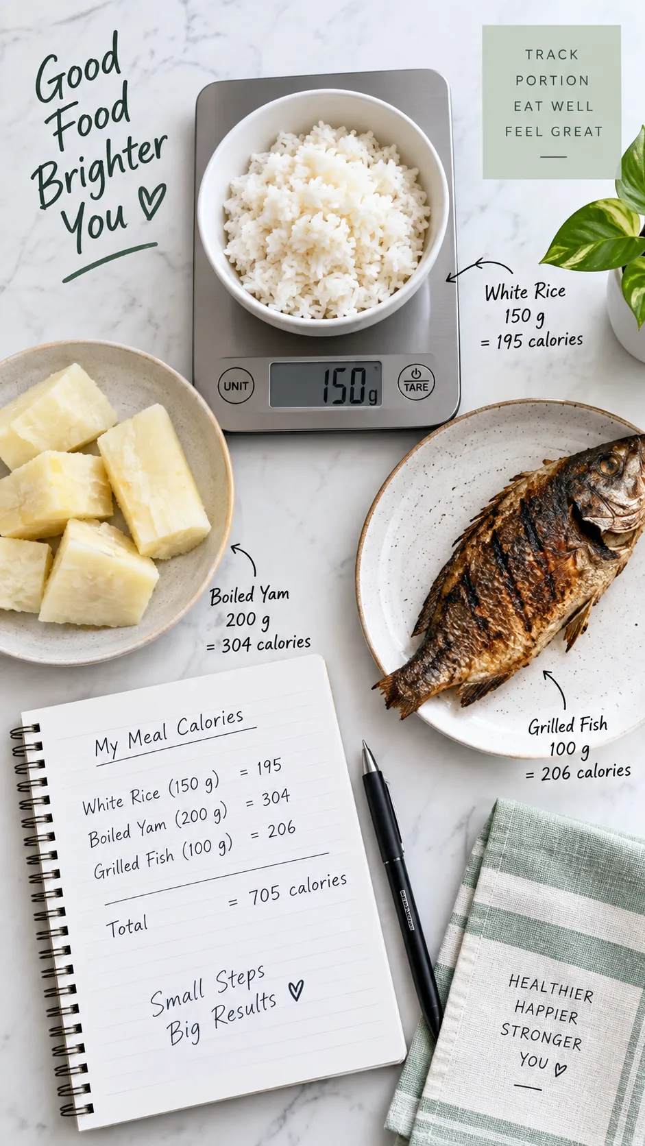 The Weight Gain Diet Plan That Actually Builds Muscle Without the Junk Food Trap 2 Flat lay of a digital food scale with rice, boiled yam and grilled fish portions, a notebook with calorie calculations, and a pen, bright overhead lighting, clean minimal food photography