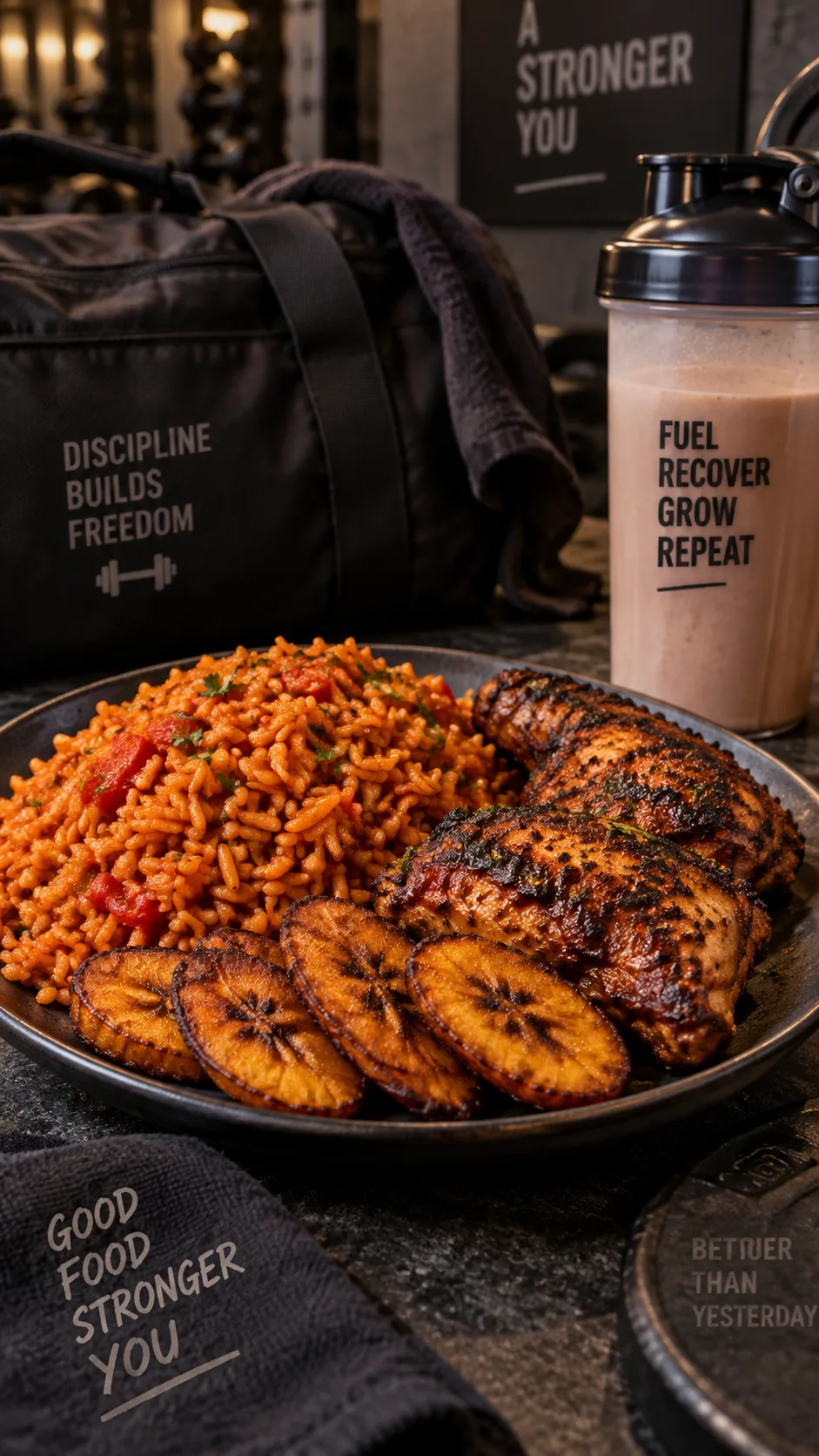 The Weight Gain Diet Plan That Actually Builds Muscle Without the Junk Food Trap 3 Close-up of a hearty post-workout meal: jollof rice with grilled chicken and fried plantain on a plate beside a protein shake, gym bag in soft background, moody warm lighting