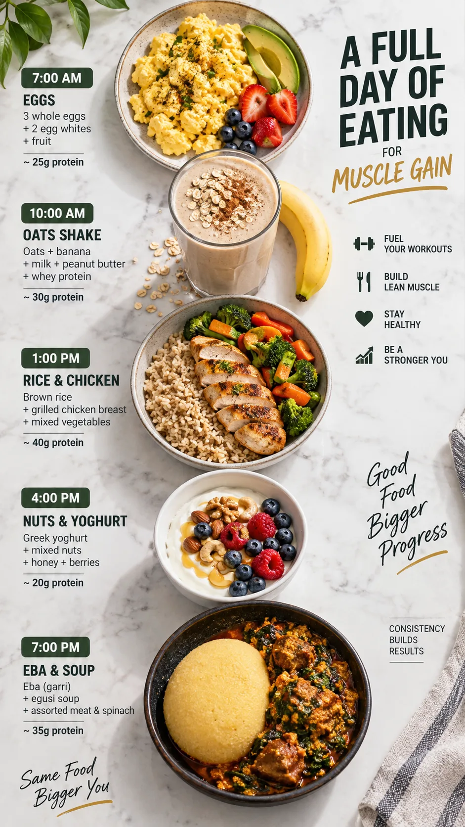 The Weight Gain Diet Plan That Actually Builds Muscle Without the Junk Food Trap 4 Overhead shot of five separate meal portions arranged in a row representing a full day of eating for muscle gain, including eggs, oats shake, rice and chicken, nuts and yoghurt, and eba with soup, bright natural light