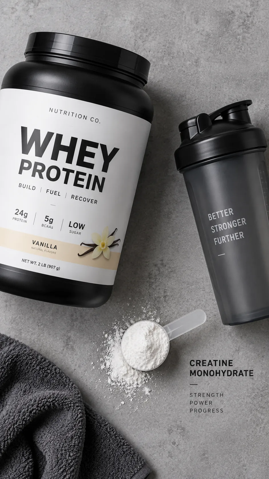 The Weight Gain Diet Plan That Actually Builds Muscle Without the Junk Food Trap 5 Simple flat lay of creatine monohydrate powder in a scoop, a tub of whey protein and a shaker bottle on a grey concrete surface, minimalist product photography, soft shadows