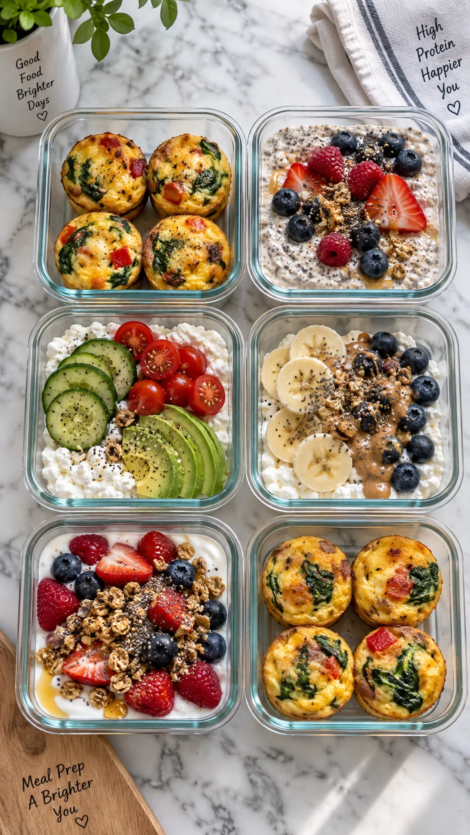 High Protein Breakfast Meal Prep Ideas That Keep You Full All Morning 1 Overhead shot of six glass meal prep containers on a marble countertop filled with colorful high protein breakfasts - egg muffins, overnight oats with berries, cottage cheese bowls, natural morning light, crisp food photography