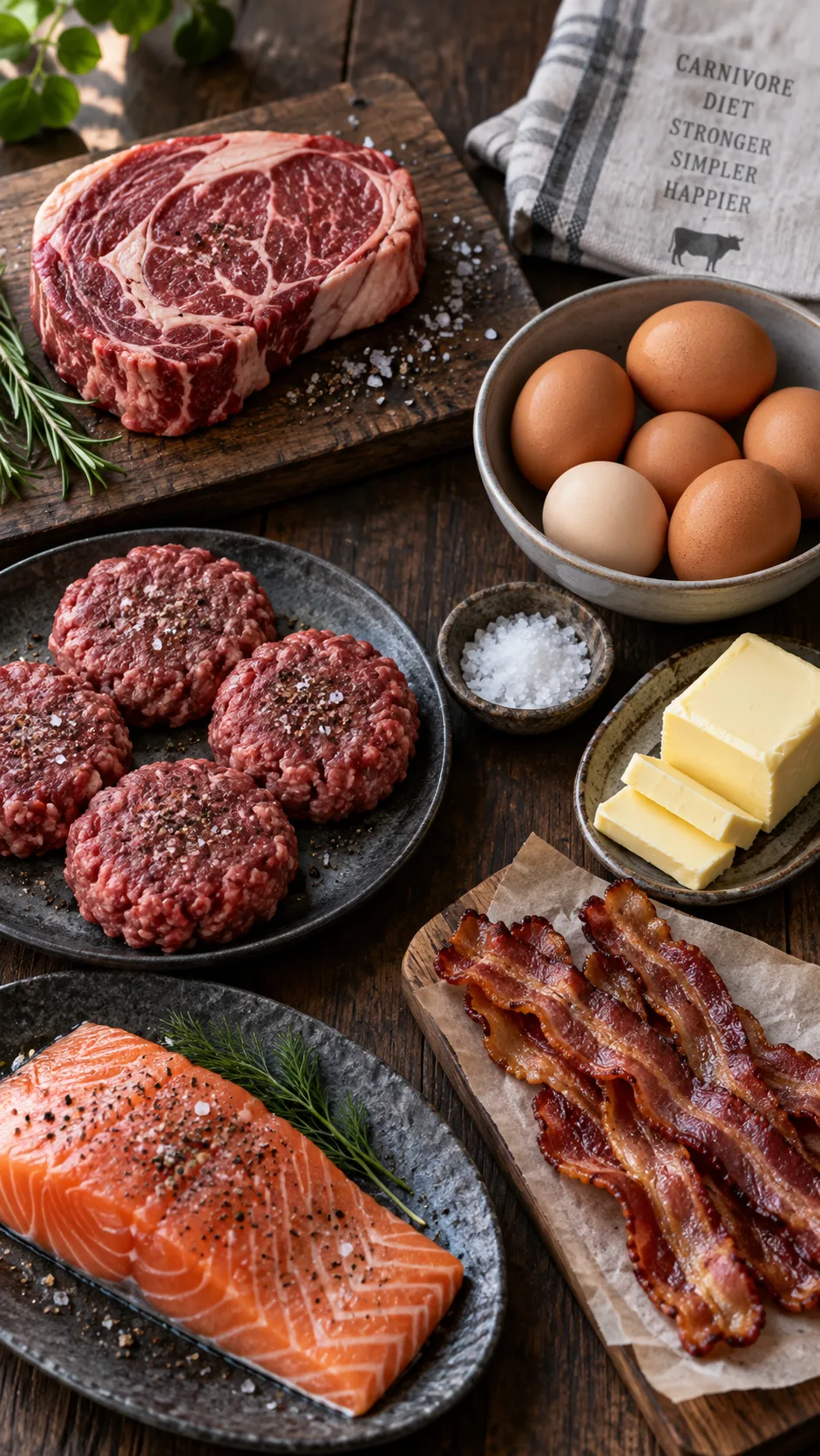Overhead flat lay of a simple carnivore diet meal prep spread on a dark wooden table: ribeye steak, ground beef patties, whole eggs, butter, bacon strips, salmon fillet, and a small dish of coarse salt, natural window light, shallow depth of field, food photography