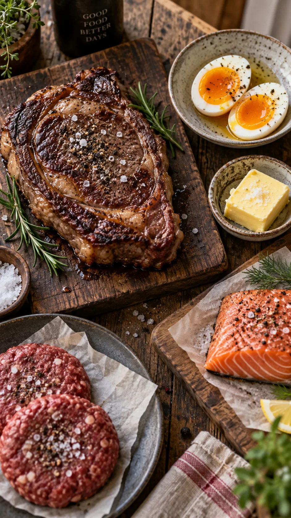 The Carnivore Diet for Beginners Women Are Actually Sticking To (Meal Plan Inside) 1 Overhead flat lay of a rustic wooden table with a seared ribeye steak, soft-boiled eggs, butter pat, salmon fillet, and ground beef patties, warm natural window light, shallow depth of field, food photography