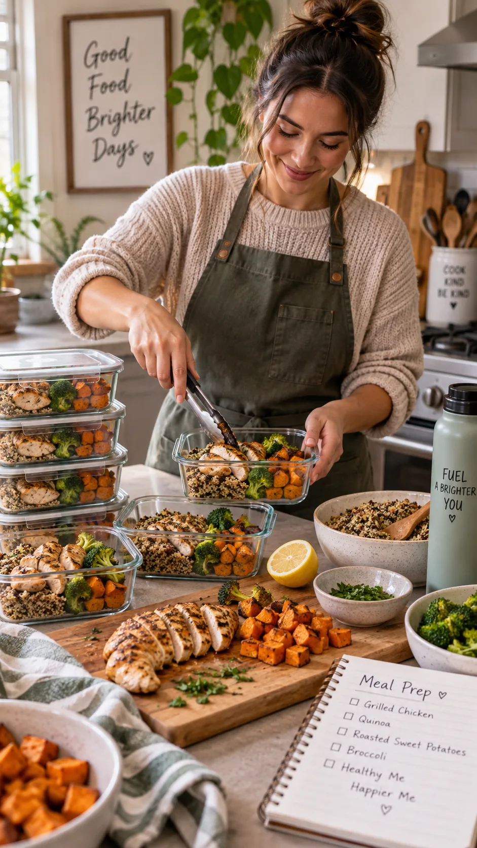 High Protein Breakfast Meal Prep Ideas That Keep You Full All Morning 2 Person in a home kitchen assembling meal prep containers, hands visible, stacks of glass containers, ingredients laid out on wooden board, warm natural lighting, candid lifestyle photography