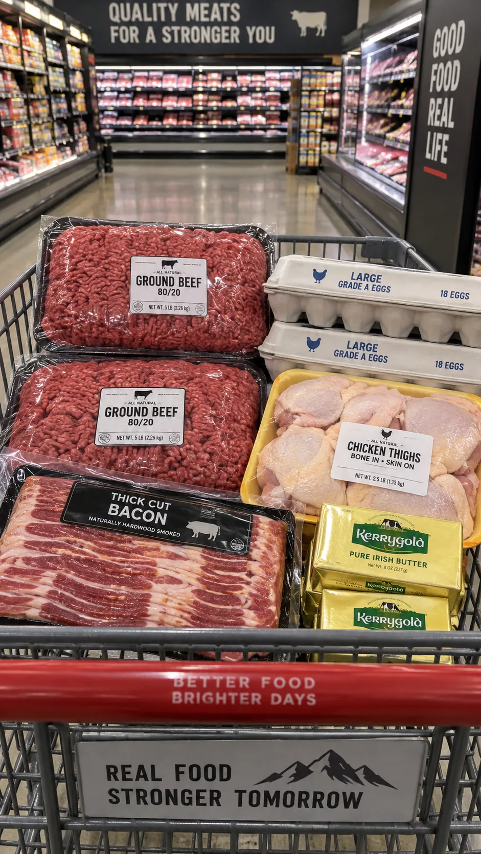 A grocery cart filled with budget carnivore staples in a supermarket aisle: packs of ground beef, cartons of eggs, chicken thighs, bacon, and butter, bright realistic supermarket lighting, documentary style photo