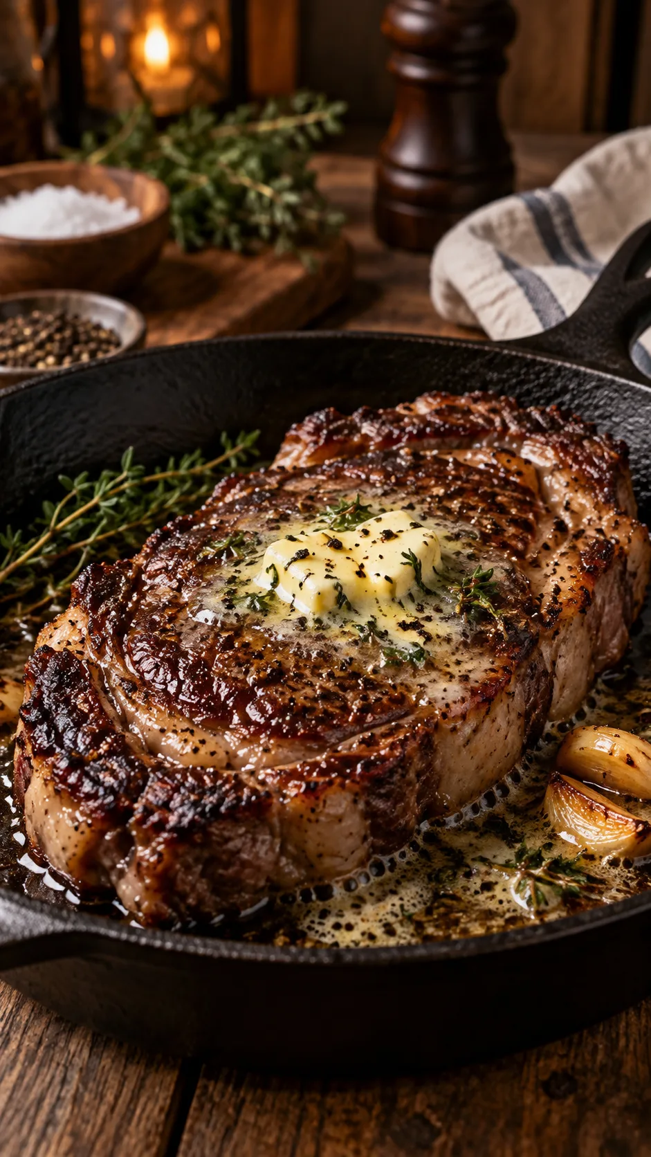 A perfectly pan-seared ribeye steak resting on a cast iron skillet with butter melting on top, crispy brown crust, rustic kitchen background, warm moody lighting, close-up food photography