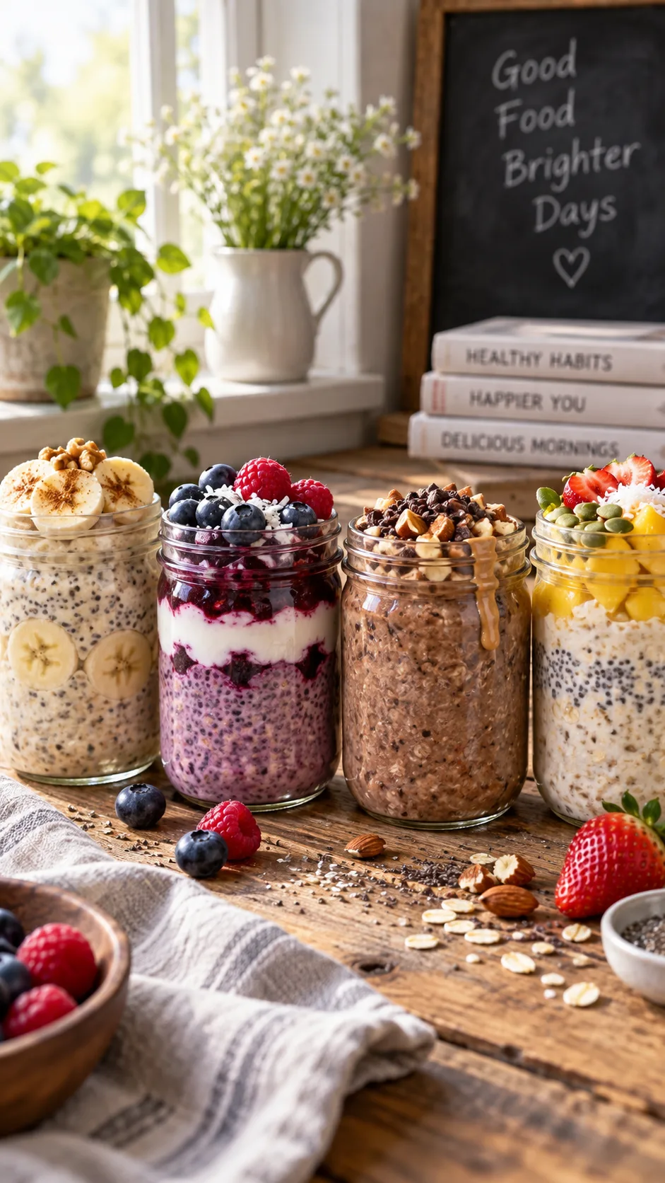 High Protein Breakfast Meal Prep Ideas That Keep You Full All Morning 3 Row of mason jars filled with layered overnight oats and chia pudding, topped with fresh berries and nuts, on a rustic wooden table with soft morning window light