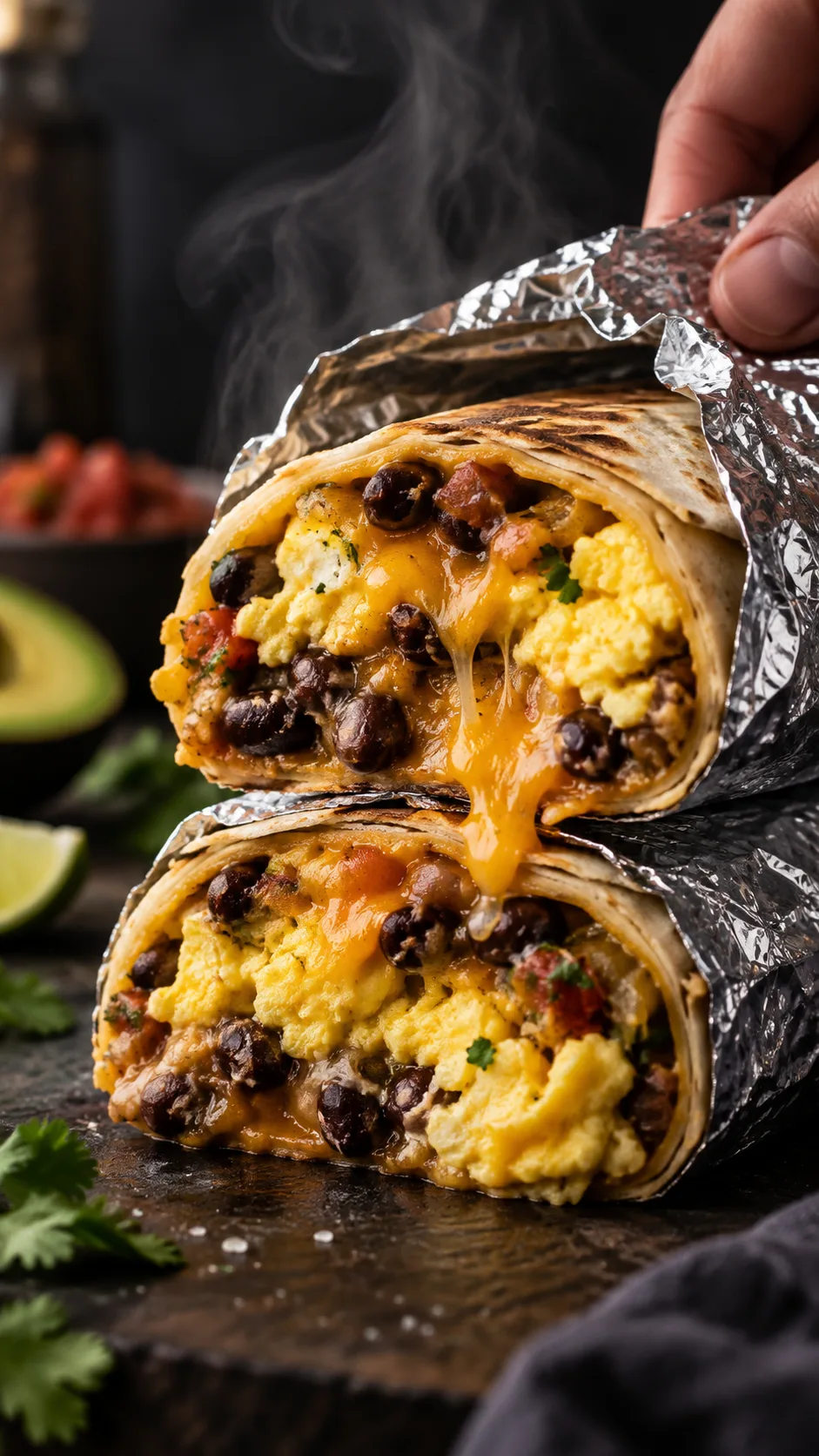 High Protein Breakfast Meal Prep Ideas That Keep You Full All Morning 4 Close-up of a stacked breakfast burrito wrapped in foil being unwrapped, showing eggs, beans and cheese filling, steam rising, dark moody food photography with shallow depth of field