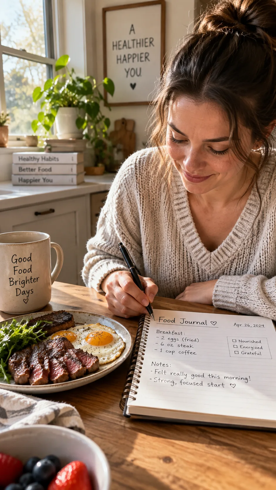 A person sitting at a kitchen table writing in a food journal notebook next to a plate of steak and eggs, morning light through window, candid lifestyle photography, warm tones