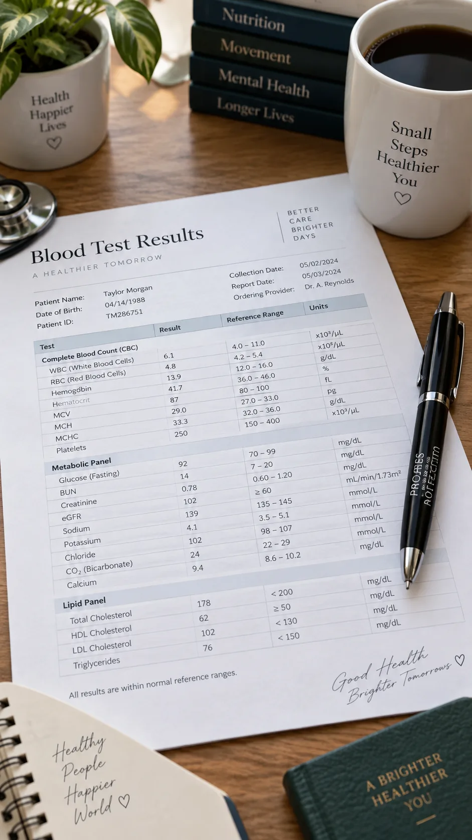Close-up of blood test results paperwork on a desk next to a pen and a cup of black coffee, clinical but warm lighting, realistic documentary photography