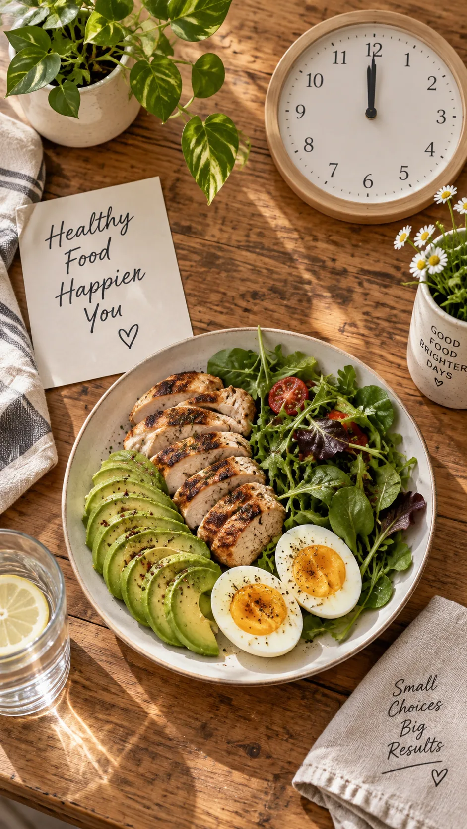 Warm natural-light overhead photograph of a wooden kitchen table with a plate of grilled chicken, avocado, boiled eggs and leafy greens beside a simple analog wall clock showing 12 o