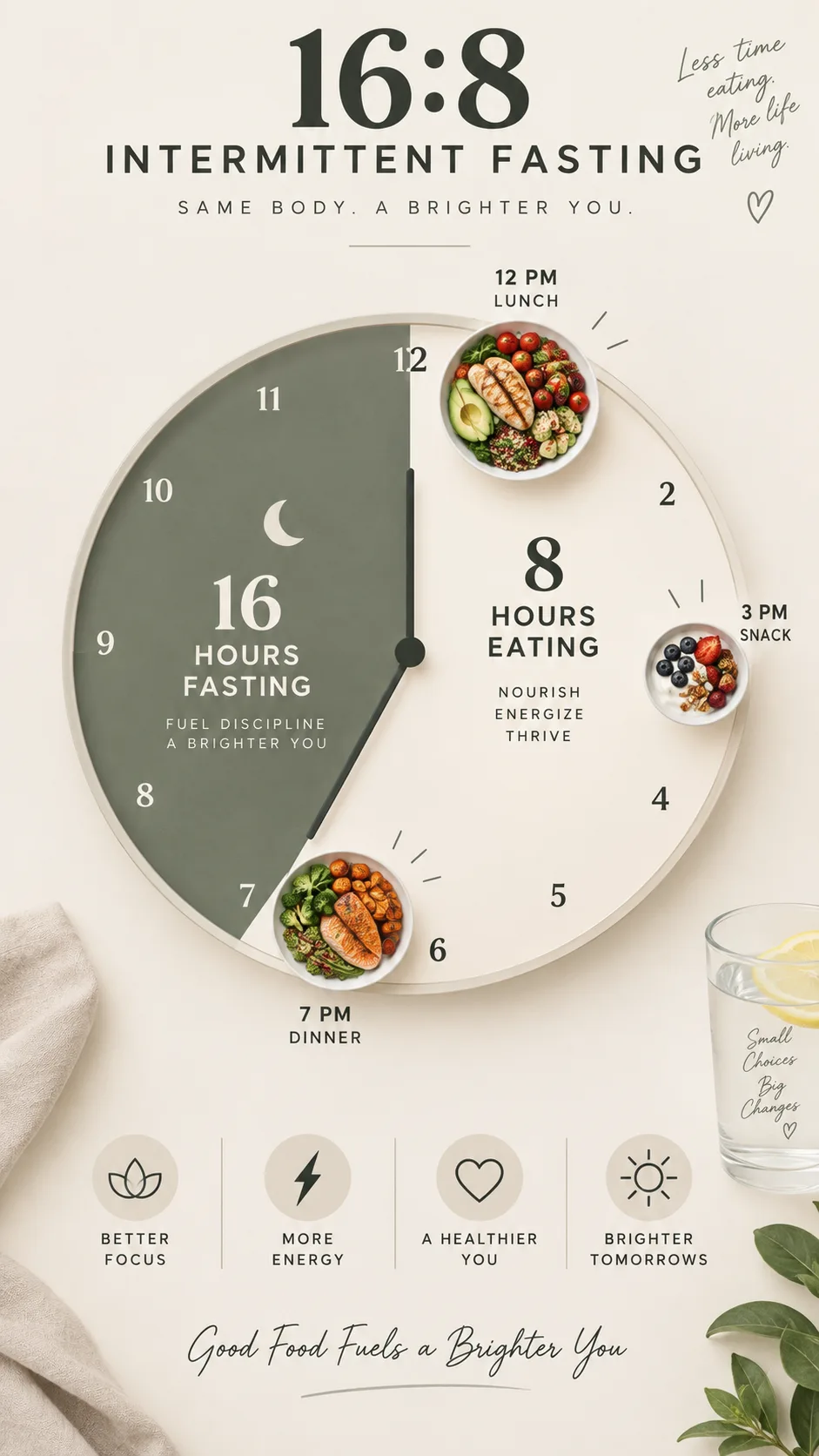 Clean infographic-style flat lay showing a 24-hour clock face divided into a shaded 16-hour fasting period and a bright 8-hour eating window, with small food icons placed at noon, 3pm and 7pm, minimalist design, soft neutral colors