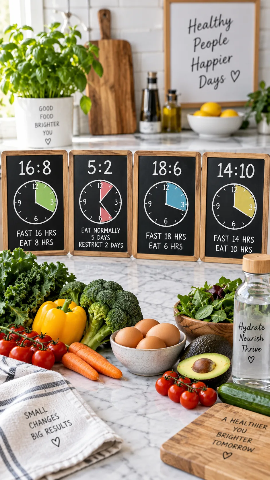 Side-by-side comparison photograph of four small chalkboards on a marble counter labeled 16:8, 5:2, 18:6 and 14:10 with simple clock drawings, surrounded by fresh vegetables, eggs and a glass water bottle, bright kitchen lighting