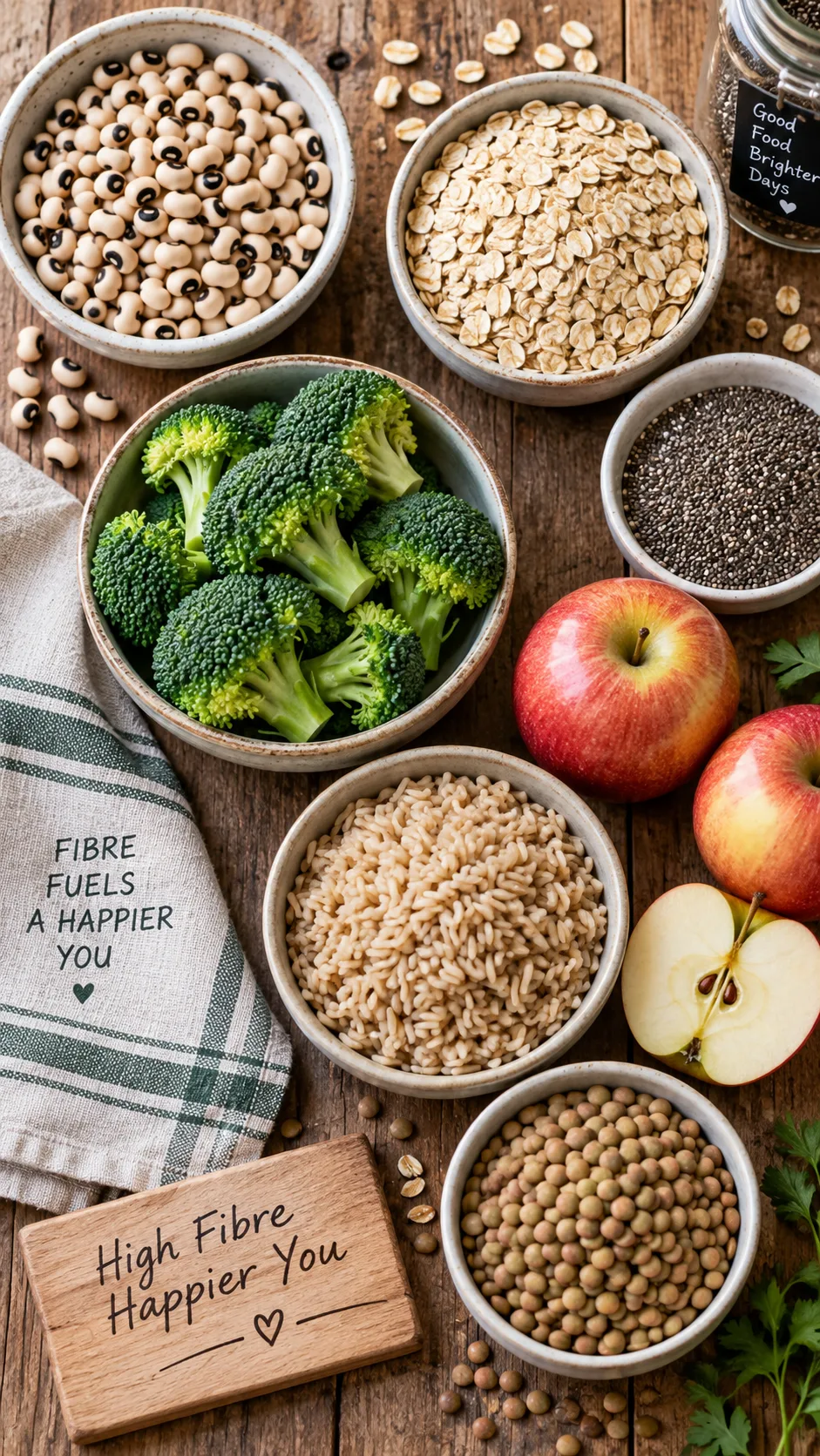 Overhead flat lay of high-fibre foods on a rustic wooden table: black-eyed beans, oats, chia seeds, broccoli florets, apples, brown rice and lentils in small ceramic bowls, natural daylight, food photography style