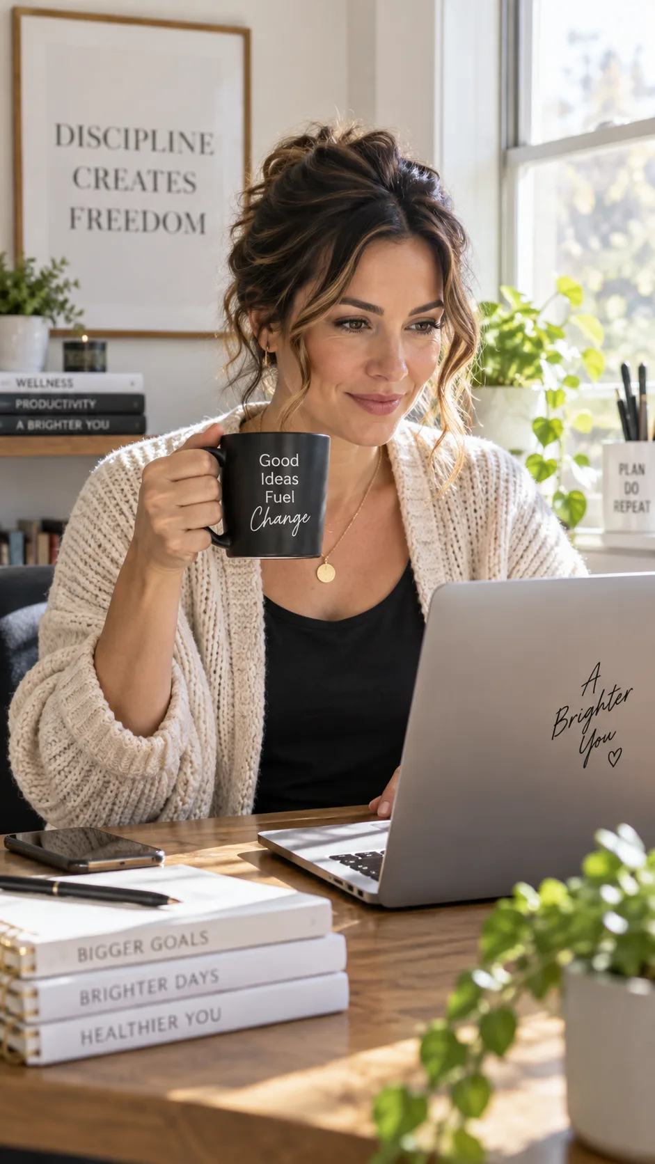 Candid lifestyle photograph of a woman in her thirties working at a laptop in a sunlit home office holding a black coffee mug, looking focused and energetic, natural window light, shallow depth of field