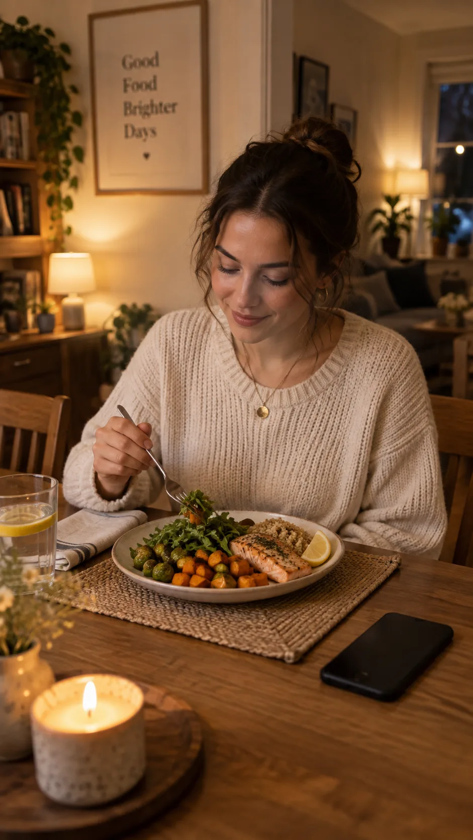 Person sitting calmly at a dining table eating a balanced home-cooked meal slowly with a fork, phone face-down beside the plate, soft warm evening light, candid documentary style photograph