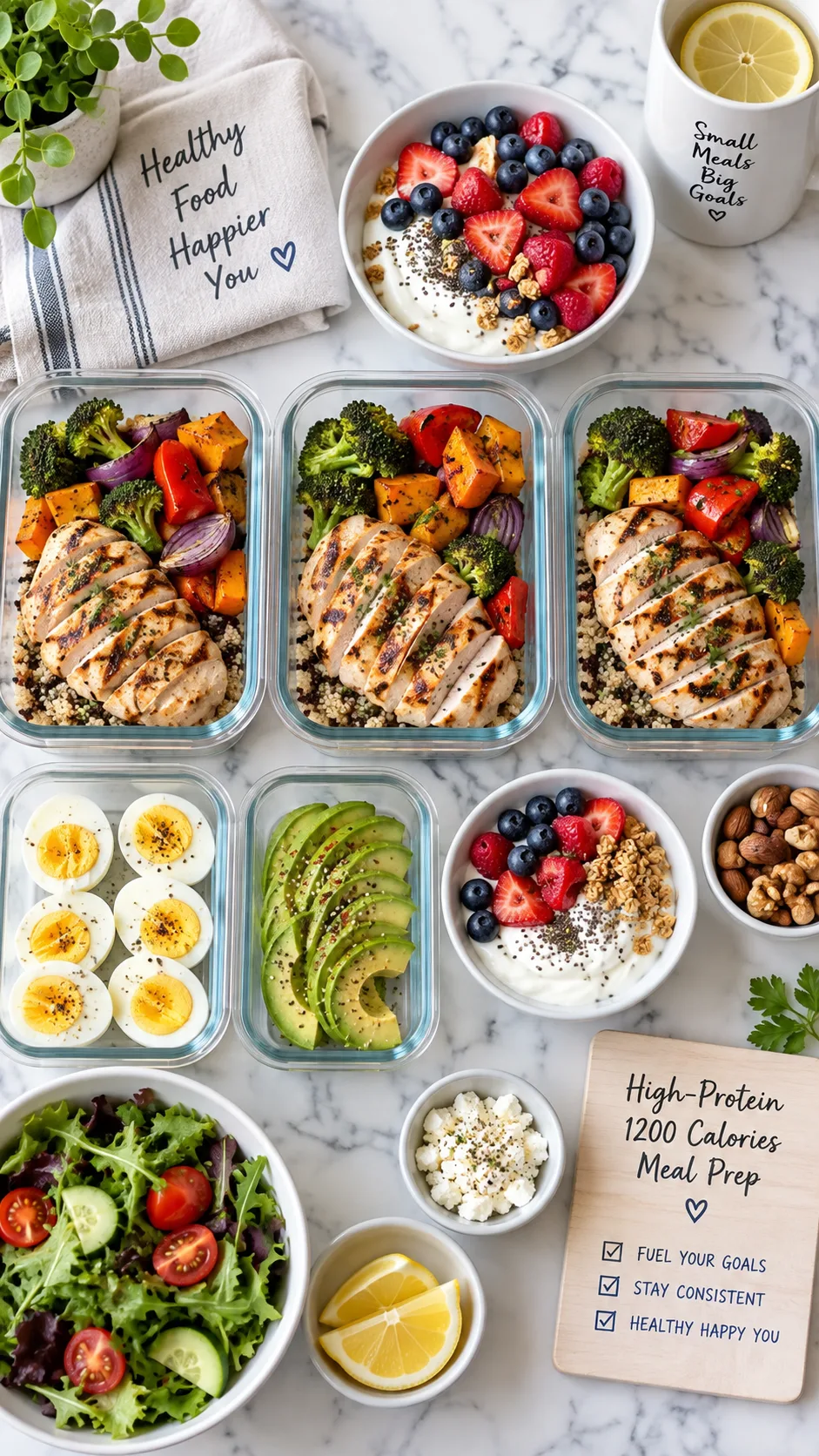 The 1200 Calorie Diet Meal Plans That Actually Keep You Full All Day 1 Overhead flat lay of a colorful high-protein 1200 calorie meal prep spread on a white marble counter, grilled chicken breast, roasted vegetables, Greek yogurt with berries, boiled eggs, avocado slices, natural daylight, crisp food photography