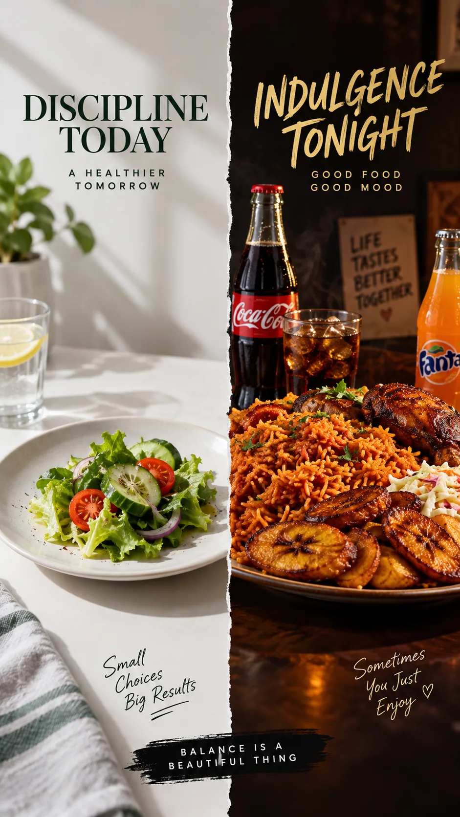 Split-frame concept photograph: left side a small plain salad on a white plate, right side a large indulgent spread of jollof rice, fried plantain and soft drinks, dramatic contrast lighting, conceptual food photography
