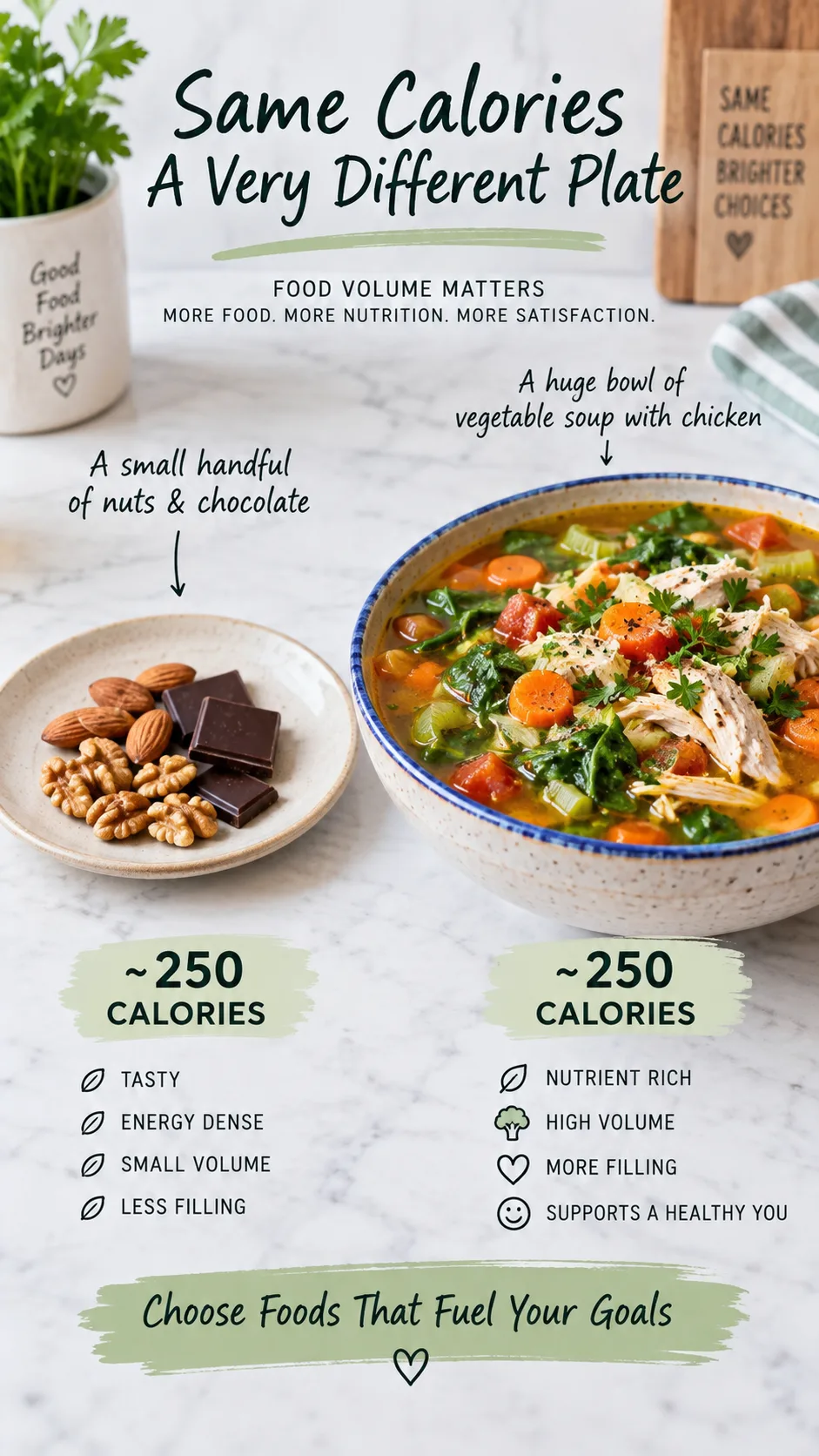 The 1200 Calorie Diet Meal Plans That Actually Keep You Full All Day 2 Side by side comparison photograph showing a small handful of nuts and chocolate next to a huge colorful bowl of vegetable soup with chicken, same calorie count labels, bright studio lighting, educational food photography style