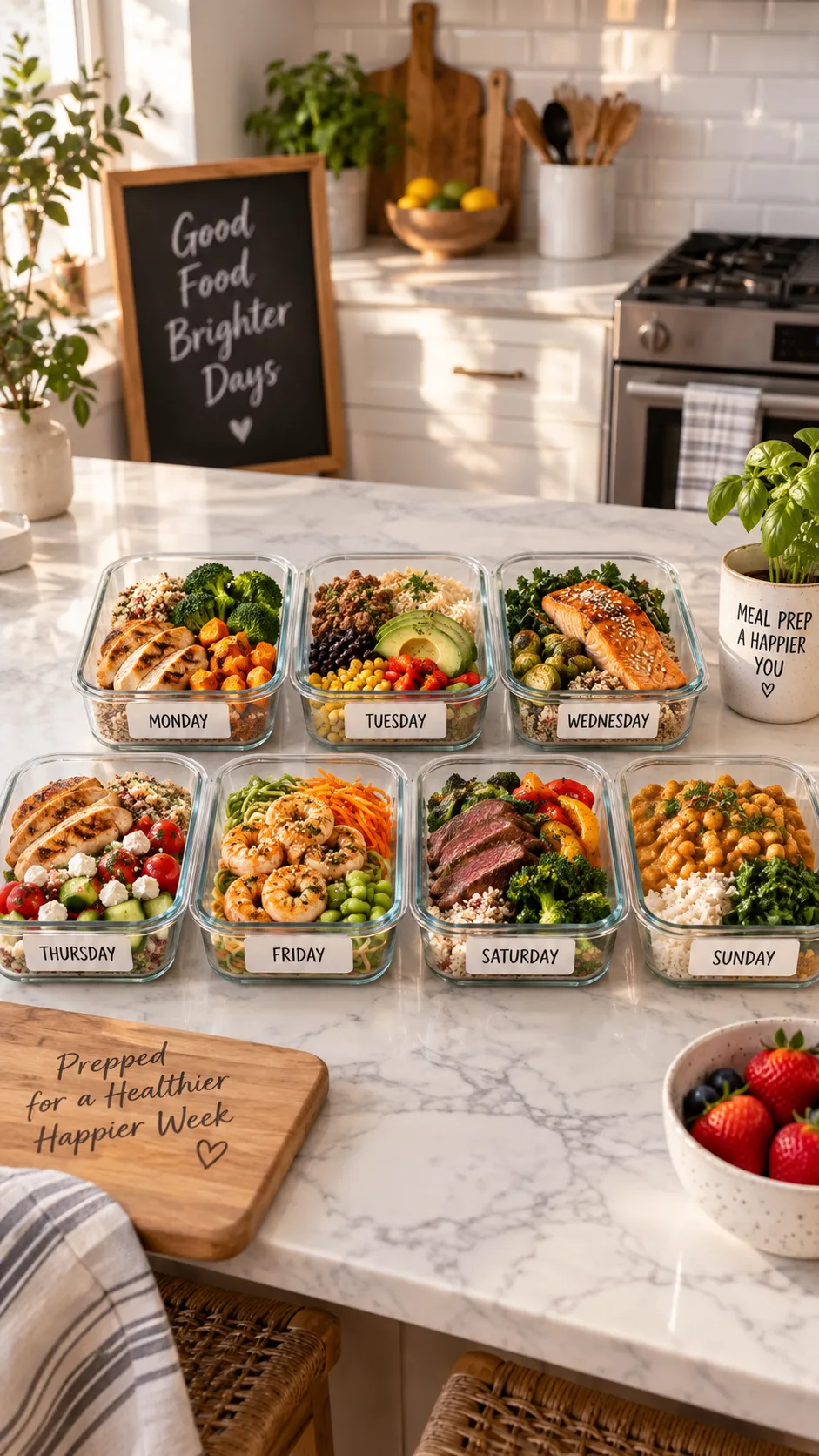 The 1200 Calorie Diet Meal Plans That Actually Keep You Full All Day 3 A weekly meal prep setup with seven glass containers filled with balanced portioned meals, labeled with days of the week, on a kitchen island, warm natural lighting, realistic home kitchen scene