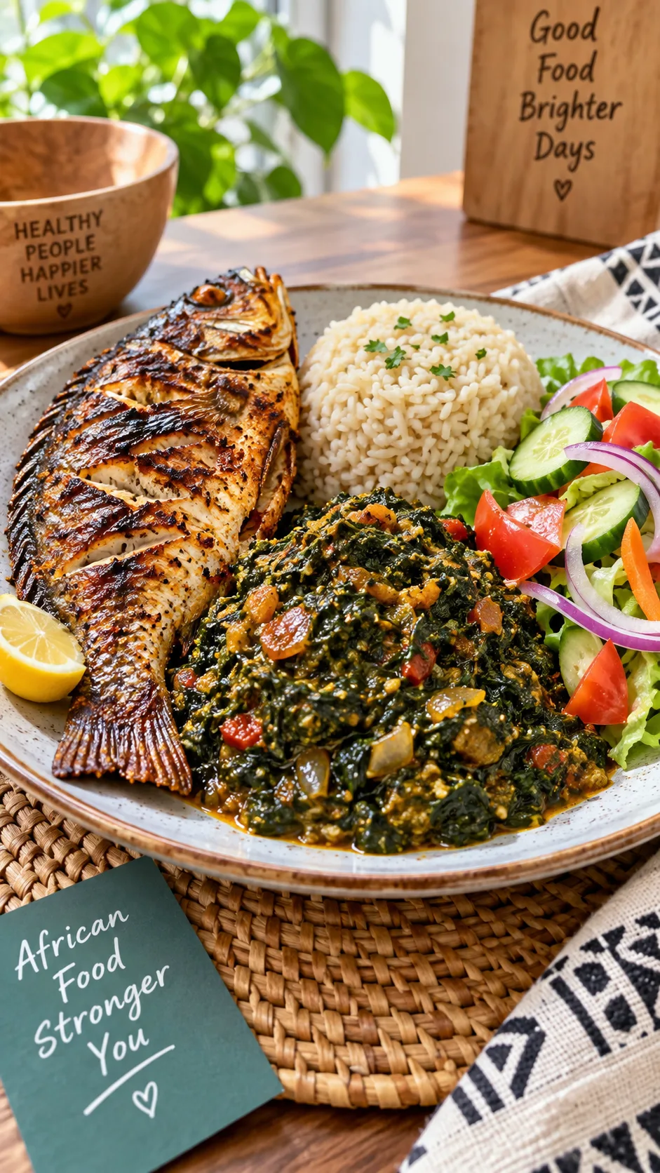 The 1200 Calorie Diet Meal Plans That Actually Keep You Full All Day 4 A balanced plate of West African healthy food with grilled fish, leafy vegetable stew, small portion of rice and fresh salad, served on a ceramic plate, vibrant colors, natural window light, appetizing food photography