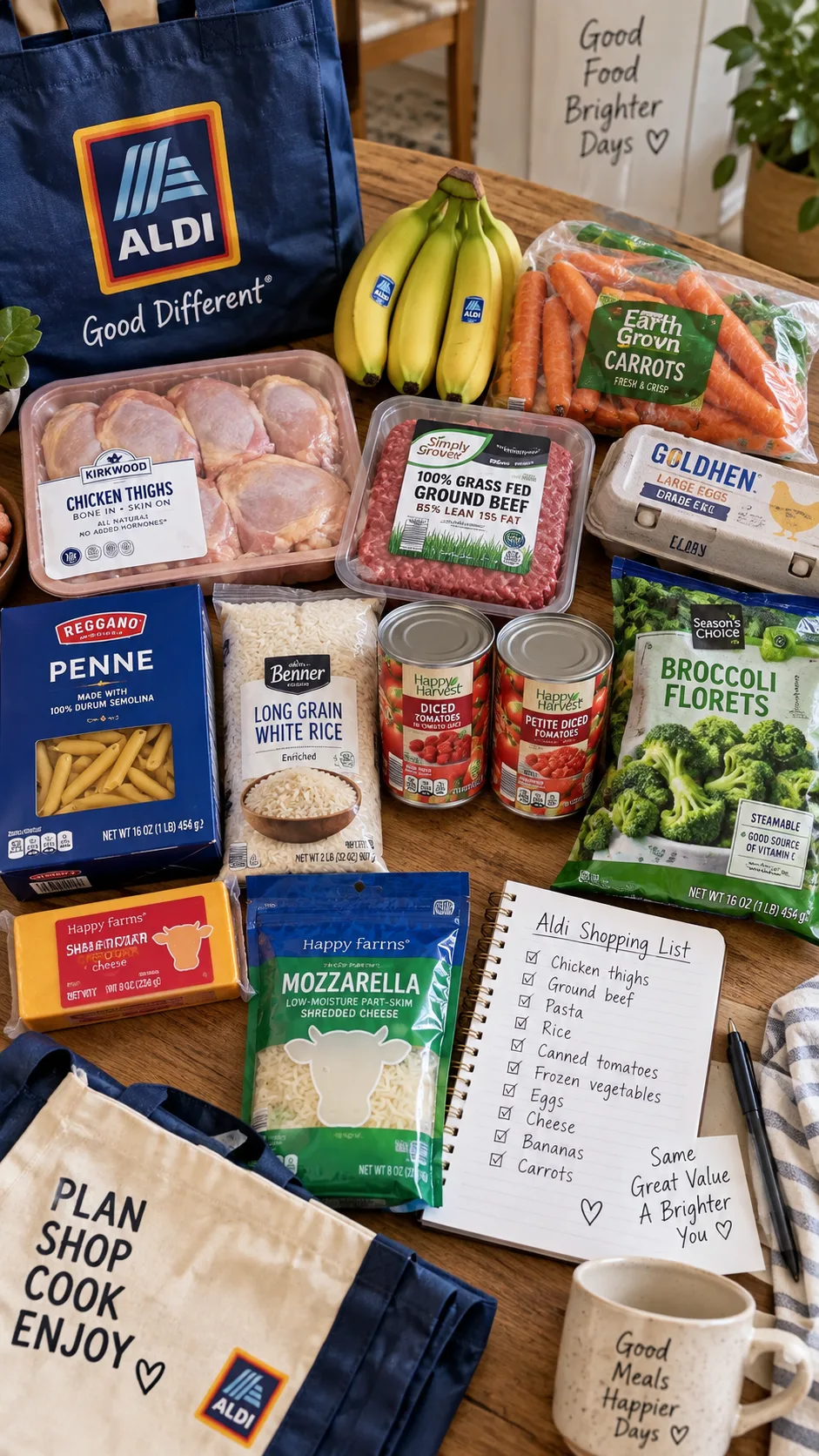 The Aldi Meal Plan Families Actually Stick To (Budget Dinners for 2 to 5) 1 A well-lit overhead photo of an Aldi grocery haul spread across a wooden kitchen table: fresh chicken thighs, ground beef, pasta, rice, canned tomatoes, frozen vegetables, eggs, cheese, bananas and carrots, with a handwritten shopping list and reusable bags nearby