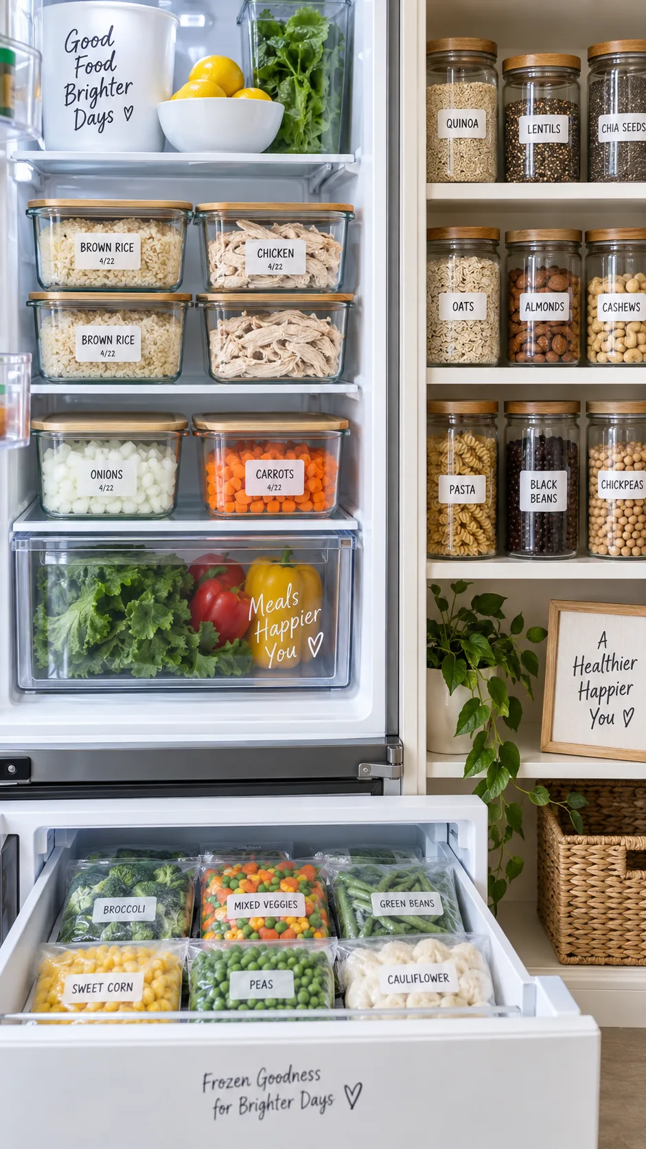 The Aldi Meal Plan Families Actually Stick To (Budget Dinners for 2 to 5) 2 Close-up of an organized refrigerator and pantry with labeled glass containers of cooked rice, shredded chicken, chopped onions and carrots, plus frozen vegetable bags in a freezer drawer, bright natural lighting, clean modern kitchen