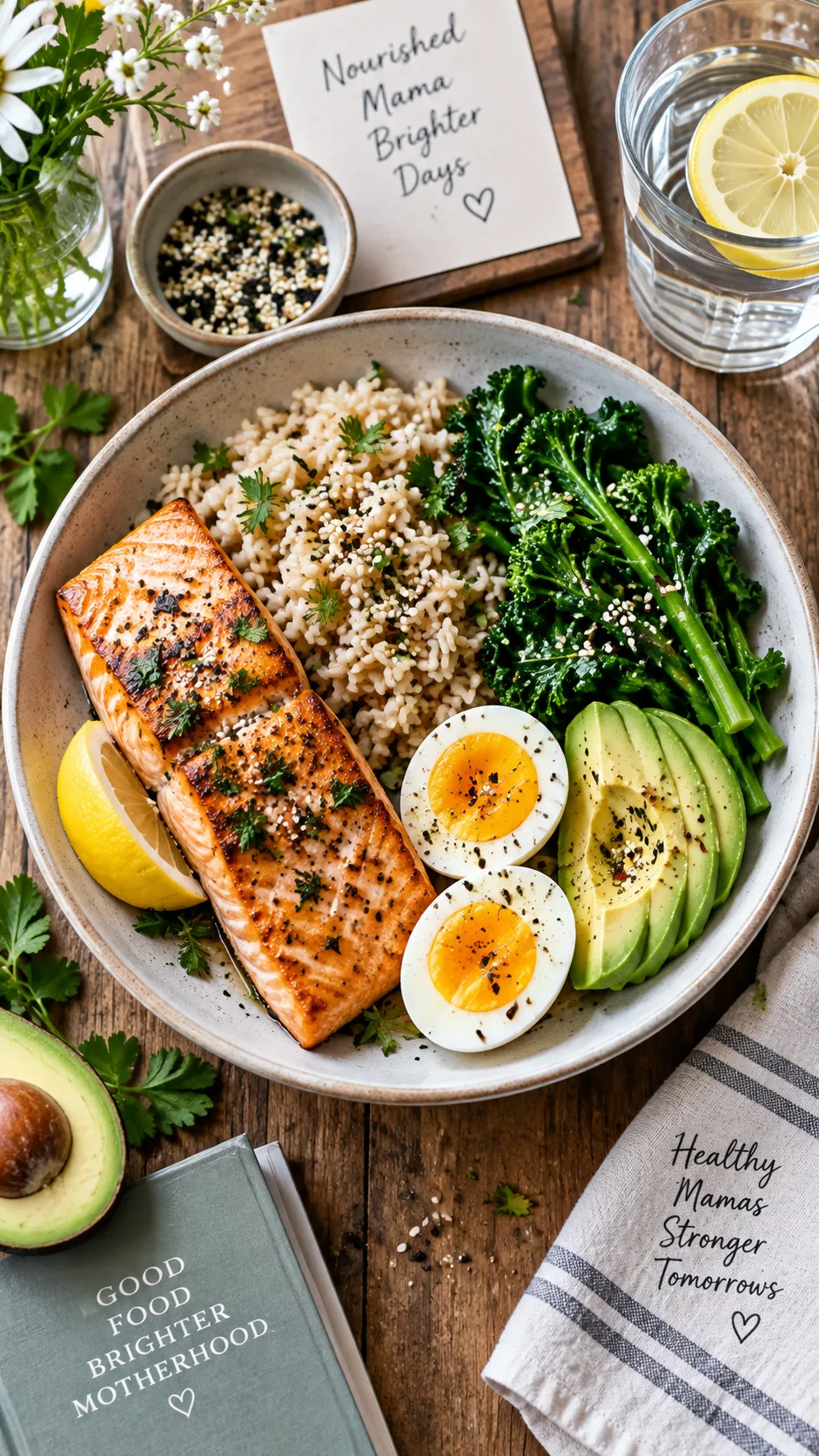 The Breastfeeding Diet That Actually Boosts Milk Supply (and Keeps You Energized) 1 Overhead flat lay of a colourful nutrient-dense meal for a nursing mother: grilled salmon, brown rice, steamed leafy greens, avocado slices, boiled eggs, and a glass of water, rustic wooden table, bright natural lighting, food photography style