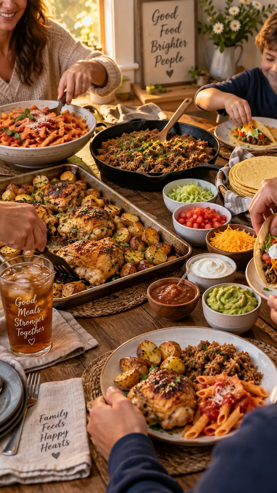 The Aldi Meal Plan Families Actually Stick To (Budget Dinners for 2 to 5) 3 A rustic dinner table set with a sheet pan of roasted chicken thighs and potatoes, a skillet of beef and rice, a bowl of pasta with tomato sauce, and taco fixings, family hands reaching in, warm golden hour lighting, casual home setting